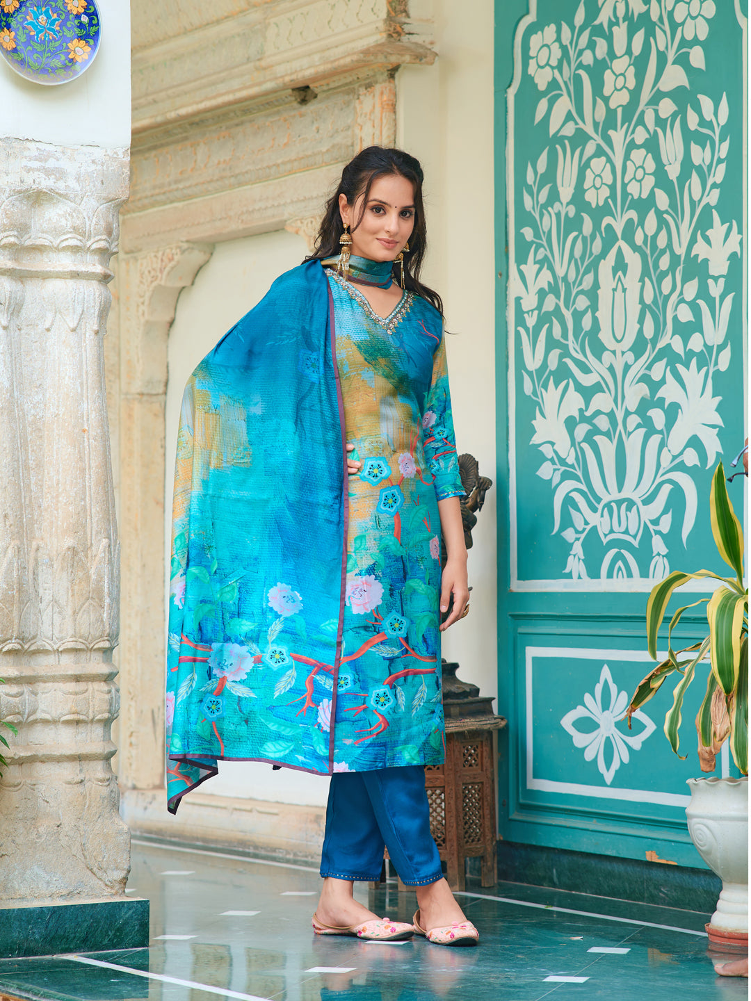 Hand Embroidered & Digital Printed Muslin Kurta With Pant & Printed Dupatta, Blue - Hiral Fashion