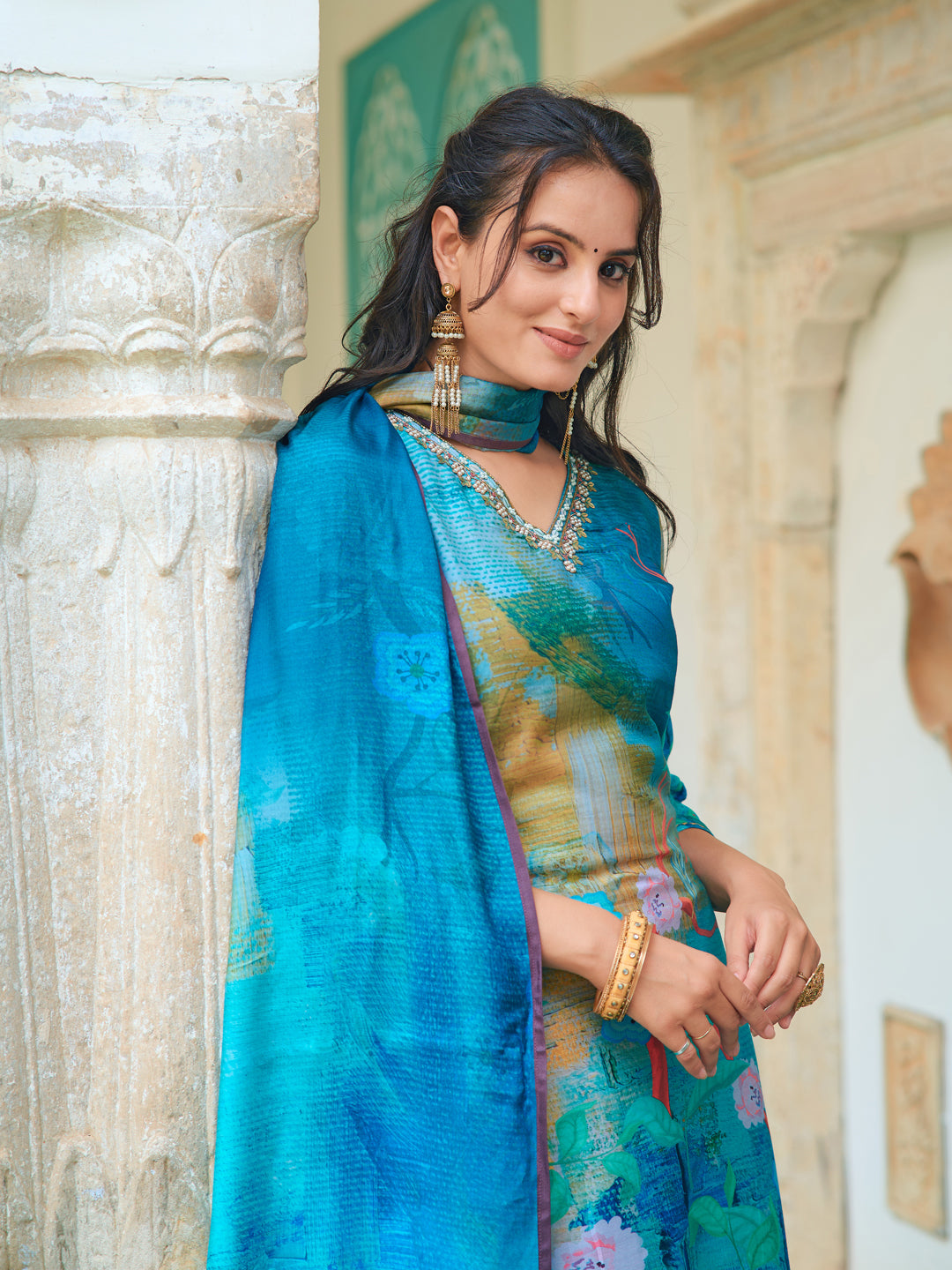 Hand Embroidered & Digital Printed Muslin Kurta With Pant & Printed Dupatta, Blue - Hiral Fashion
