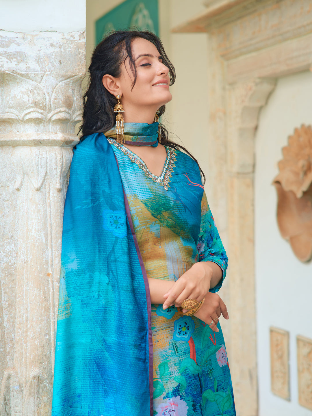 Hand Embroidered & Digital Printed Muslin Kurta With Pant & Printed Dupatta, Blue - Hiral Fashion