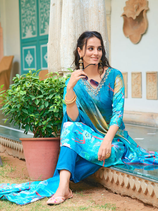 Hand Embroidered & Digital Printed Muslin Kurta With Pant & Printed Dupatta, Blue - Hiral Fashion