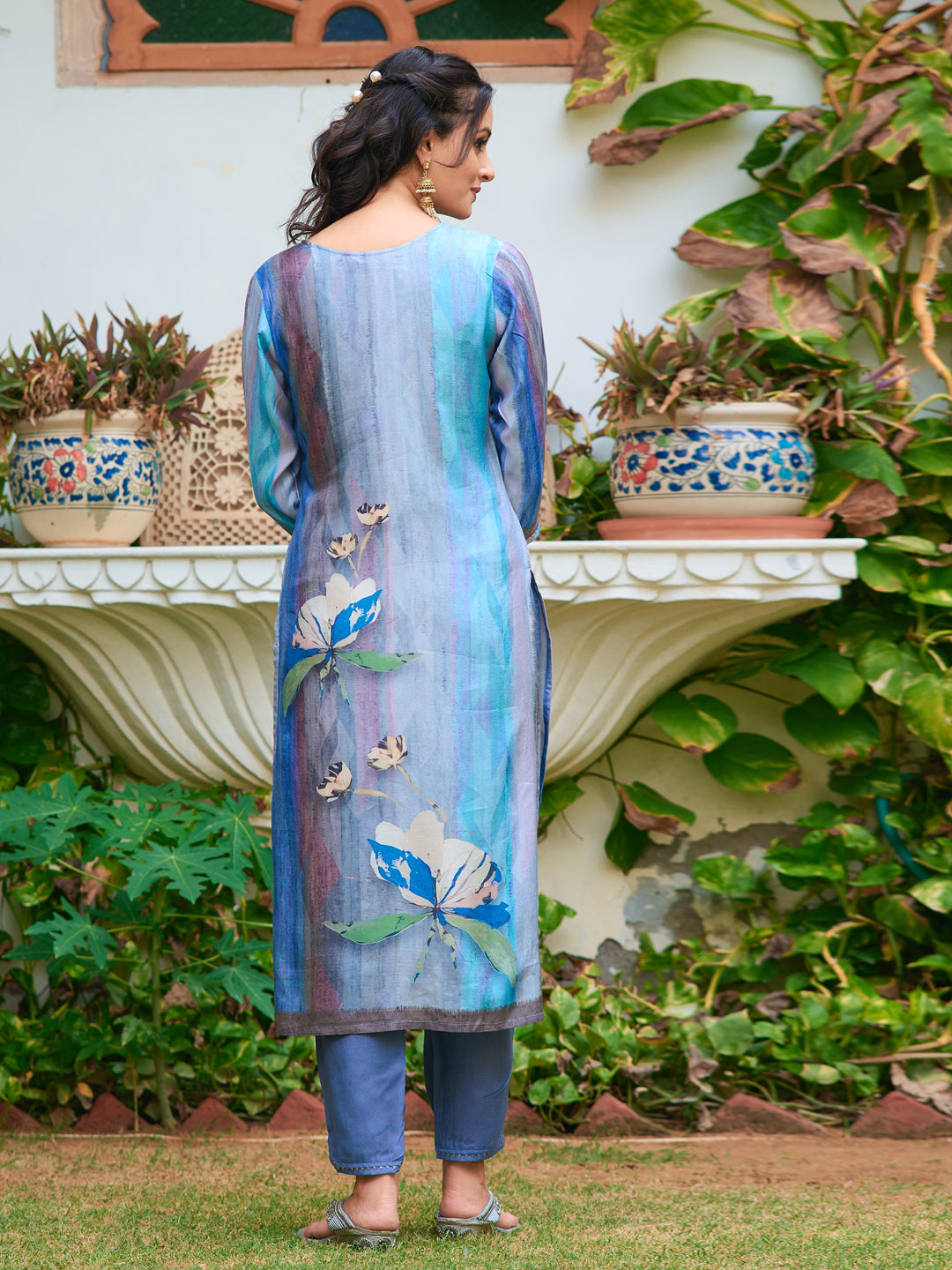 Hand Embroidered & Digital Printed Silk Kurta With Pant & Printed Dupatta, Blue - Hiral Fashion