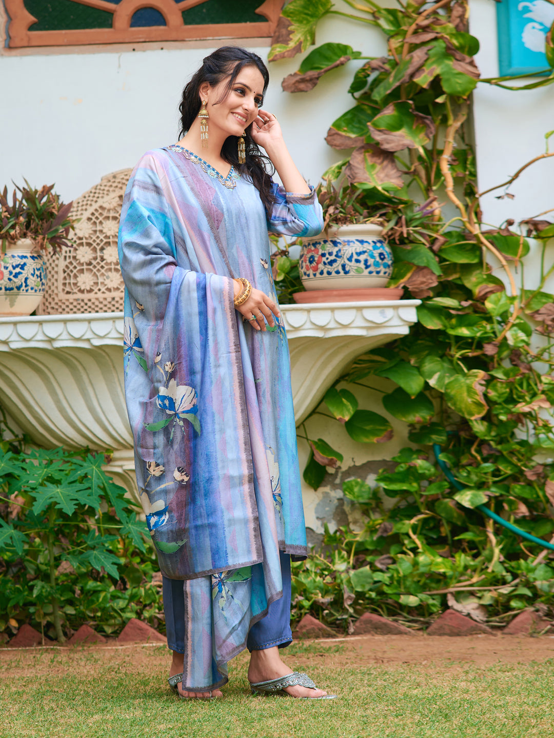 Hand Embroidered & Digital Printed Silk Kurta With Pant & Printed Dupatta, Blue - Hiral Fashion
