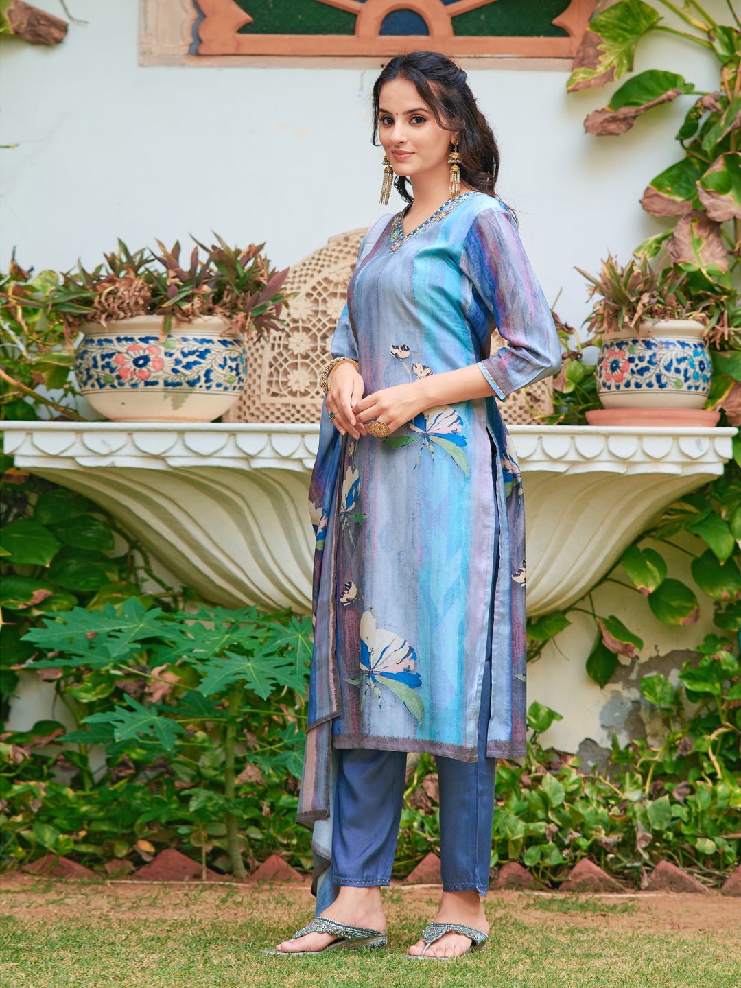 Hand Embroidered & Digital Printed Silk Kurta With Pant & Printed Dupatta, Blue - Hiral Fashion