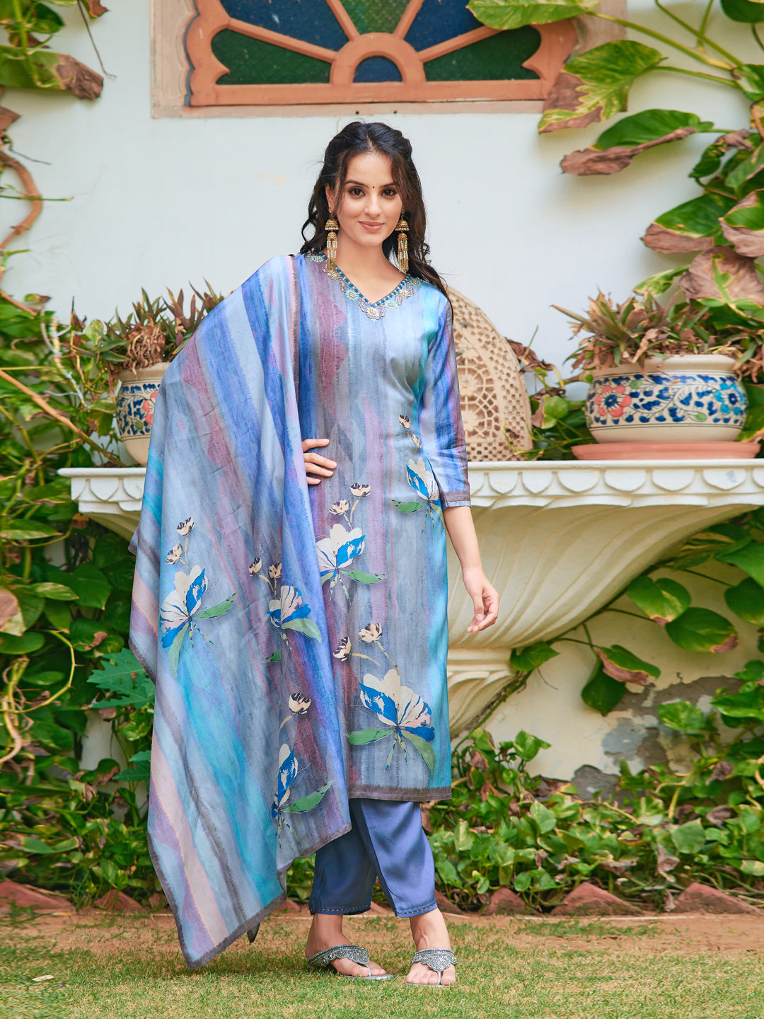 Hand Embroidered & Digital Printed Silk Kurta With Pant & Printed Dupatta, Blue - Hiral Fashion