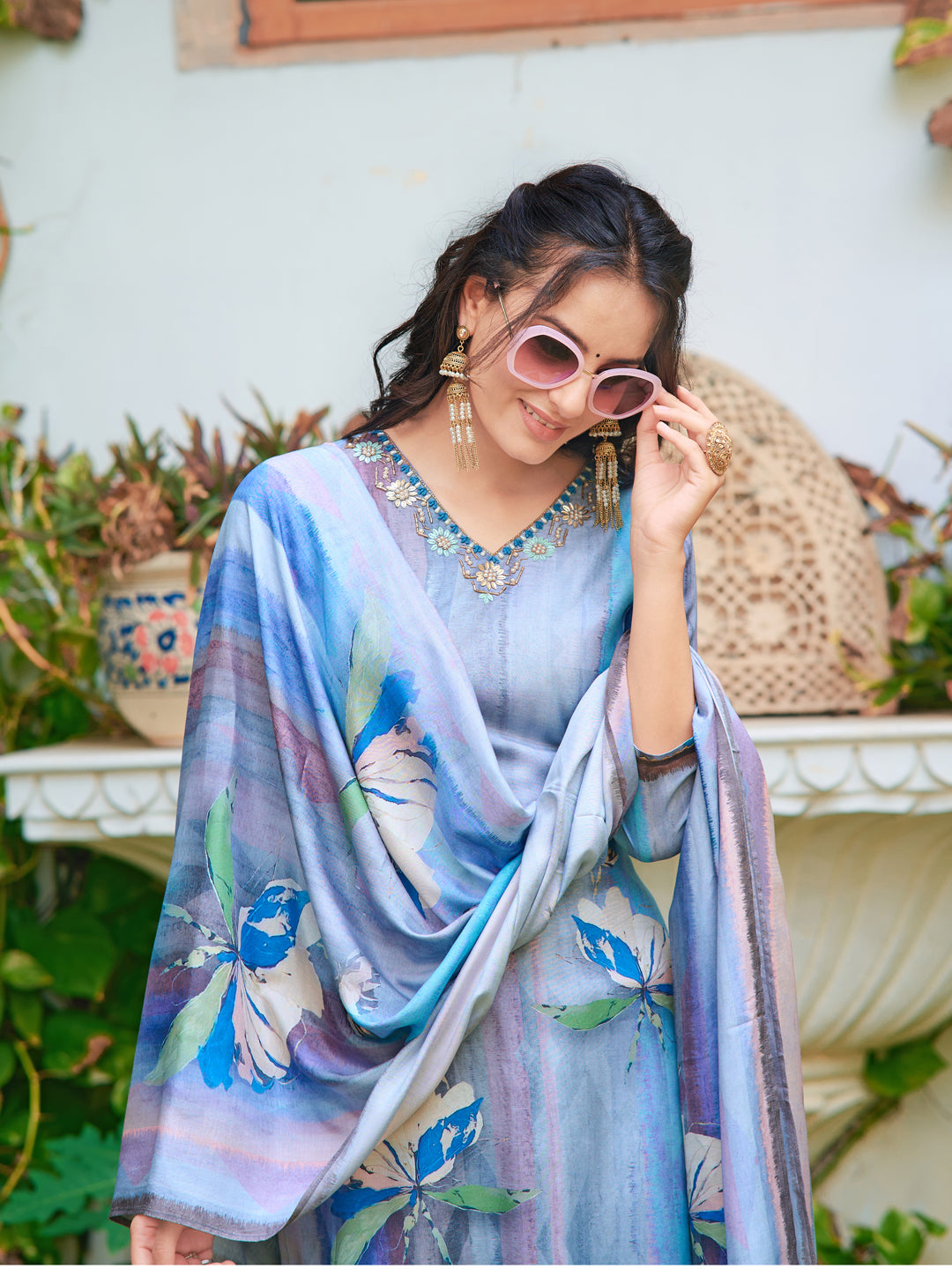 Hand Embroidered & Digital Printed Silk Kurta With Pant & Printed Dupatta, Blue - Hiral Fashion