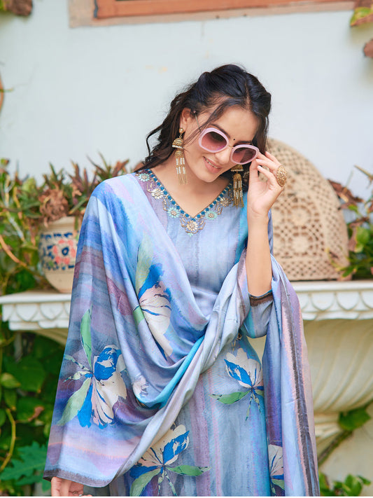 Hand Embroidered & Digital Printed Silk Kurta With Pant & Printed Dupatta, Blue - Hiral Fashion