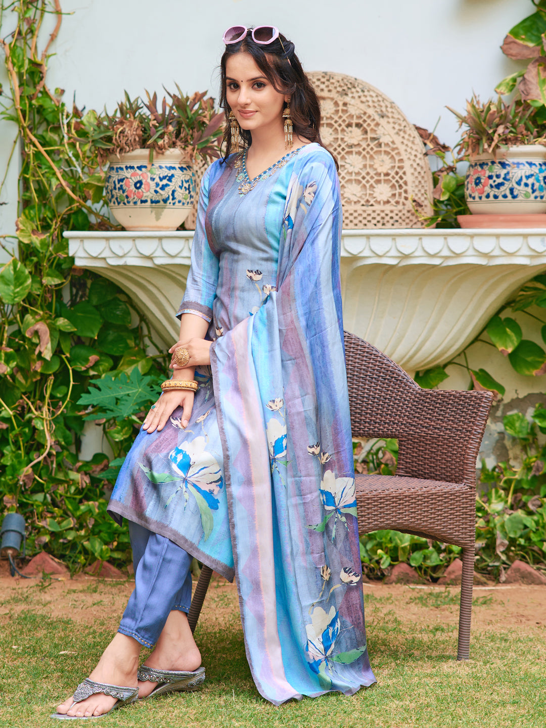 Hand Embroidered & Digital Printed Silk Kurta With Pant & Printed Dupatta, Blue - Hiral Fashion