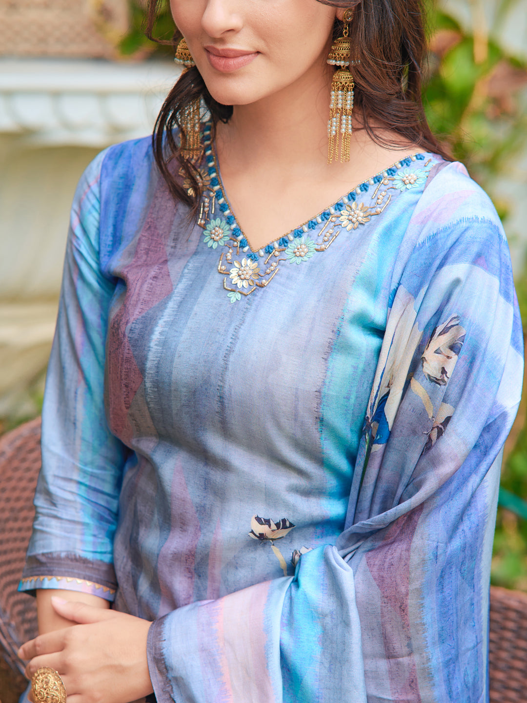 Hand Embroidered & Digital Printed Silk Kurta With Pant & Printed Dupatta, Blue - Hiral Fashion