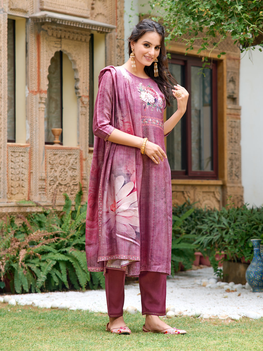 Hand Embroidered & Digital Printed Muslin Kurta With Pant & Printed Dupatta, Lavender - Hiral Fashion