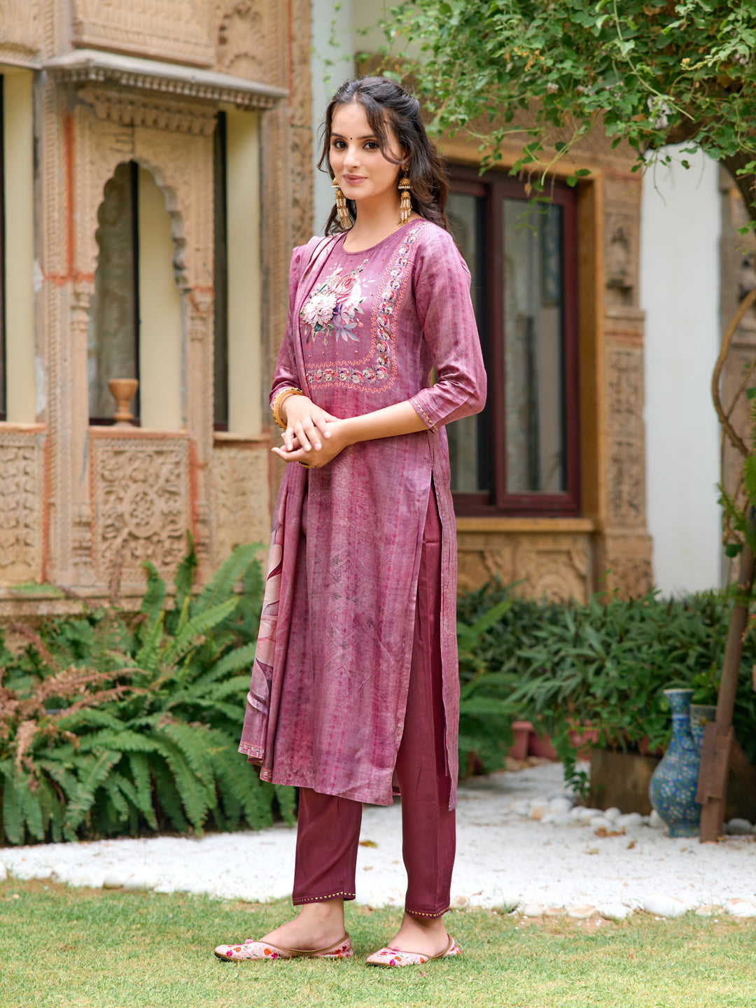 Hand Embroidered & Digital Printed Muslin Kurta With Pant & Printed Dupatta, Lavender - Hiral Fashion