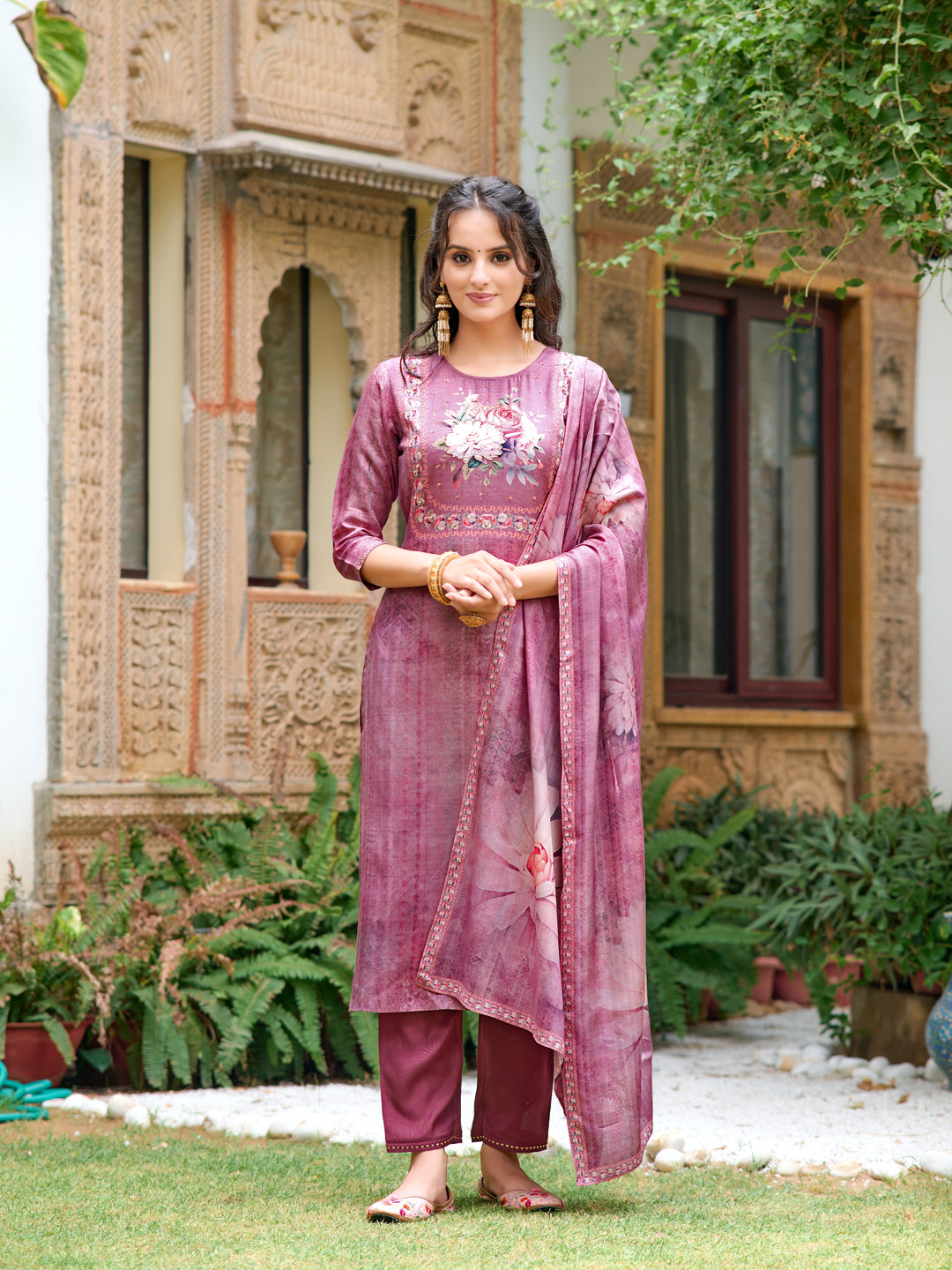 Hand Embroidered & Digital Printed Muslin Kurta With Pant & Printed Dupatta, Lavender - Hiral Fashion