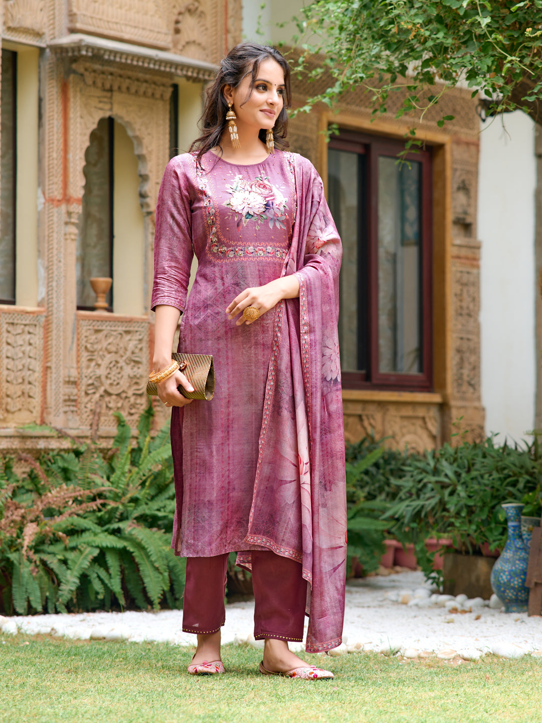 Hand Embroidered & Digital Printed Muslin Kurta With Pant & Printed Dupatta, Lavender - Hiral Fashion