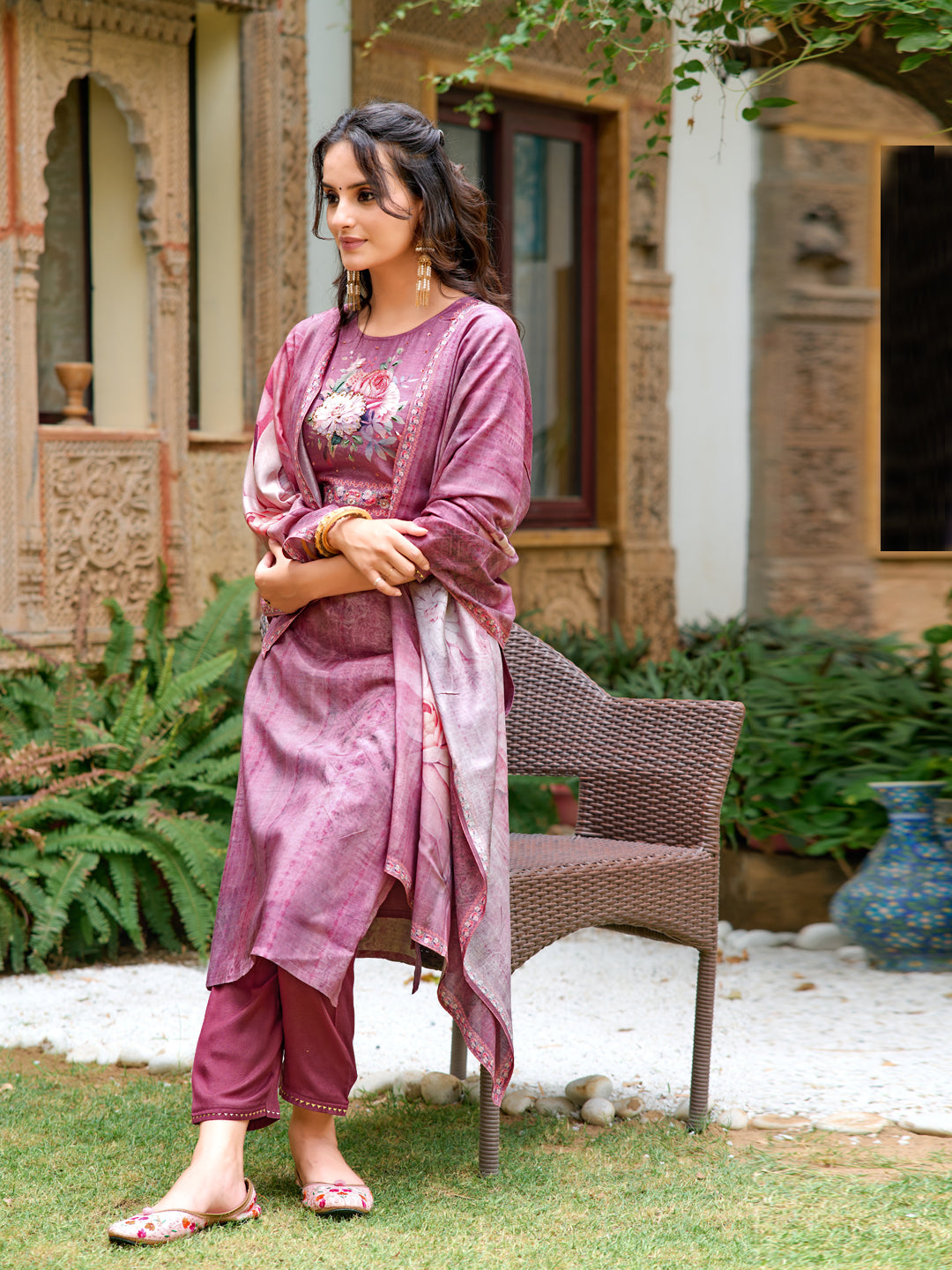 Hand Embroidered & Digital Printed Muslin Kurta With Pant & Printed Dupatta, Lavender - Hiral Fashion