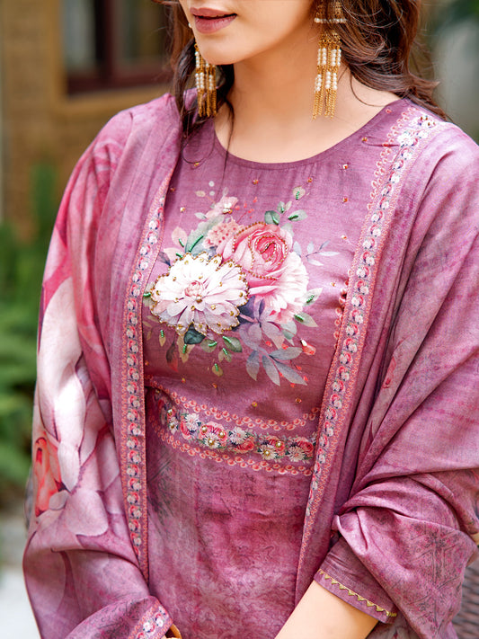 Hand Embroidered & Digital Printed Muslin Kurta With Pant & Printed Dupatta, Lavender - Hiral Fashion