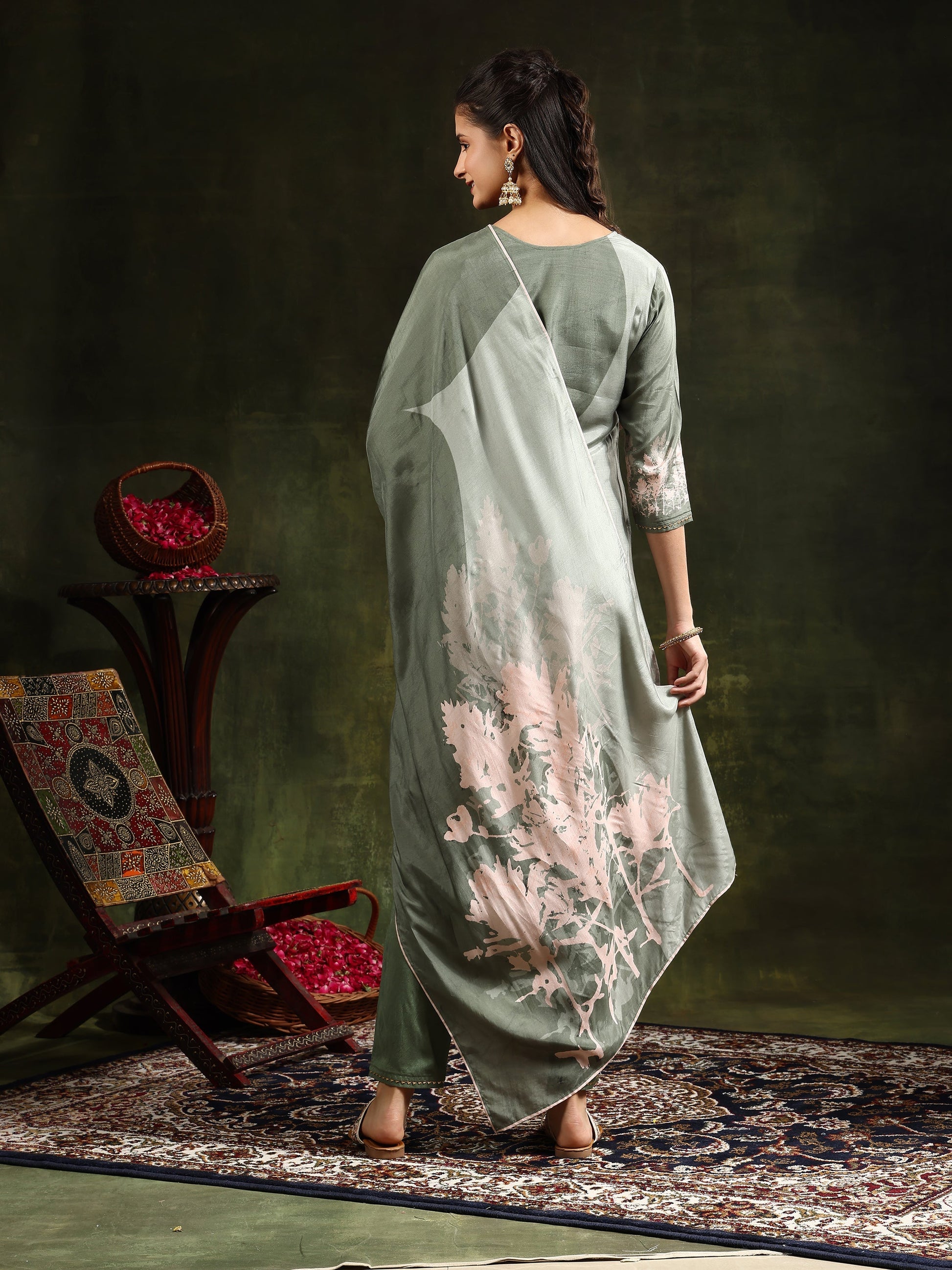 Hand Embroidered & Digital Printed Muslin Kurta With Pant & Printed Dupatta, Green - Hiral Fashion