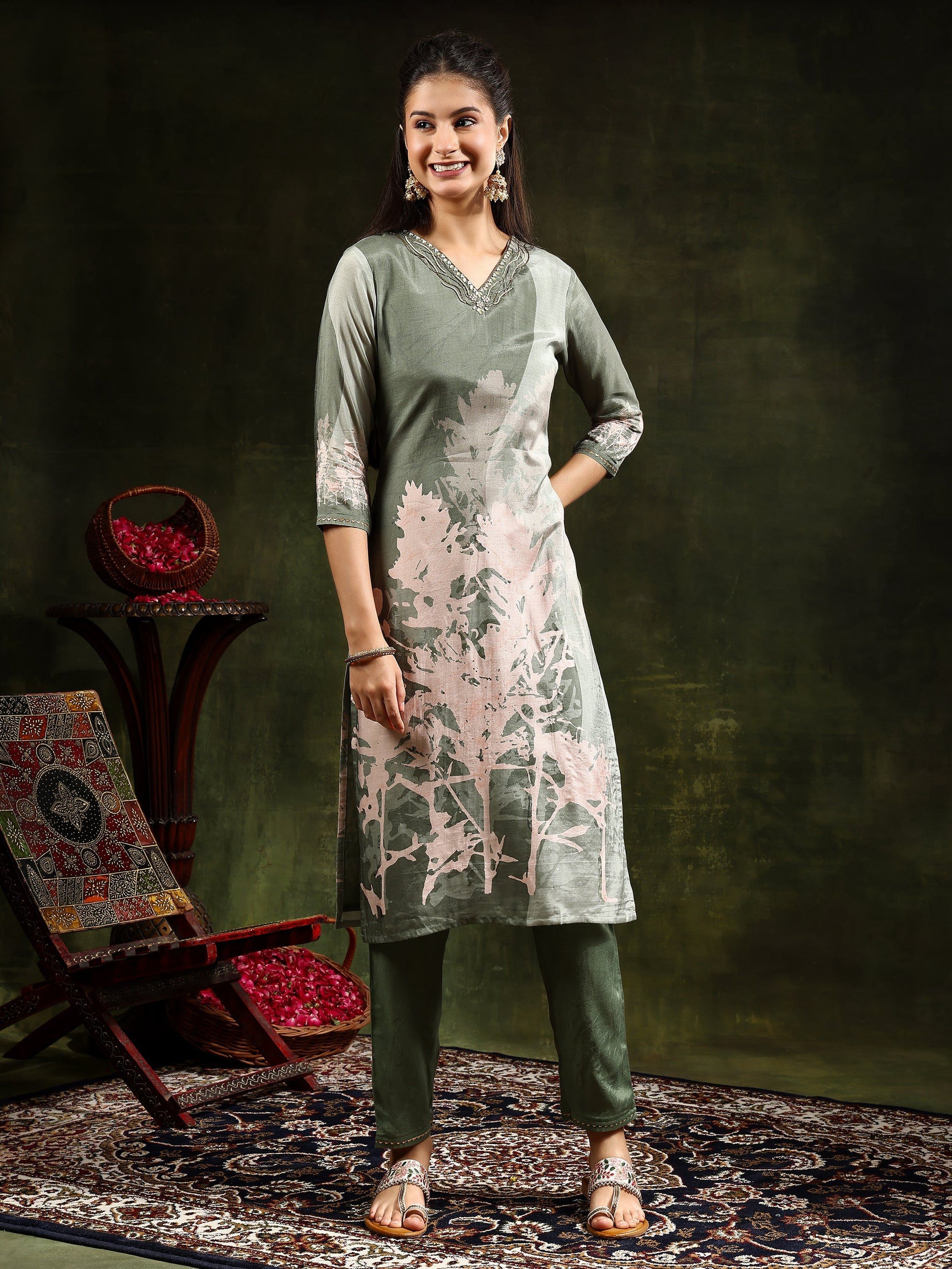 Hand Embroidered & Digital Printed Muslin Kurta With Pant & Printed Dupatta, Green - Hiral Fashion