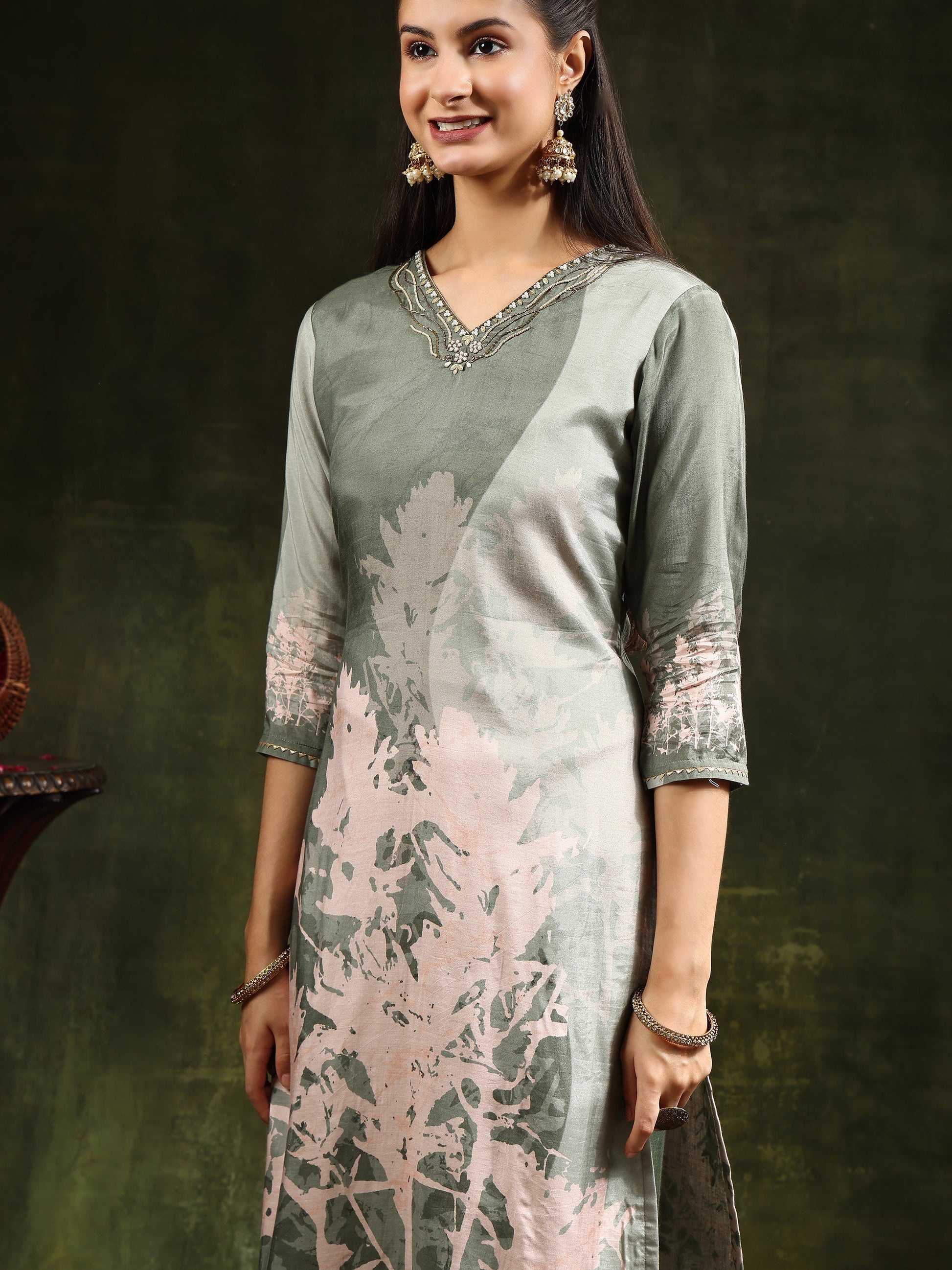 Hand Embroidered & Digital Printed Muslin Kurta With Pant & Printed Dupatta, Green - Hiral Fashion