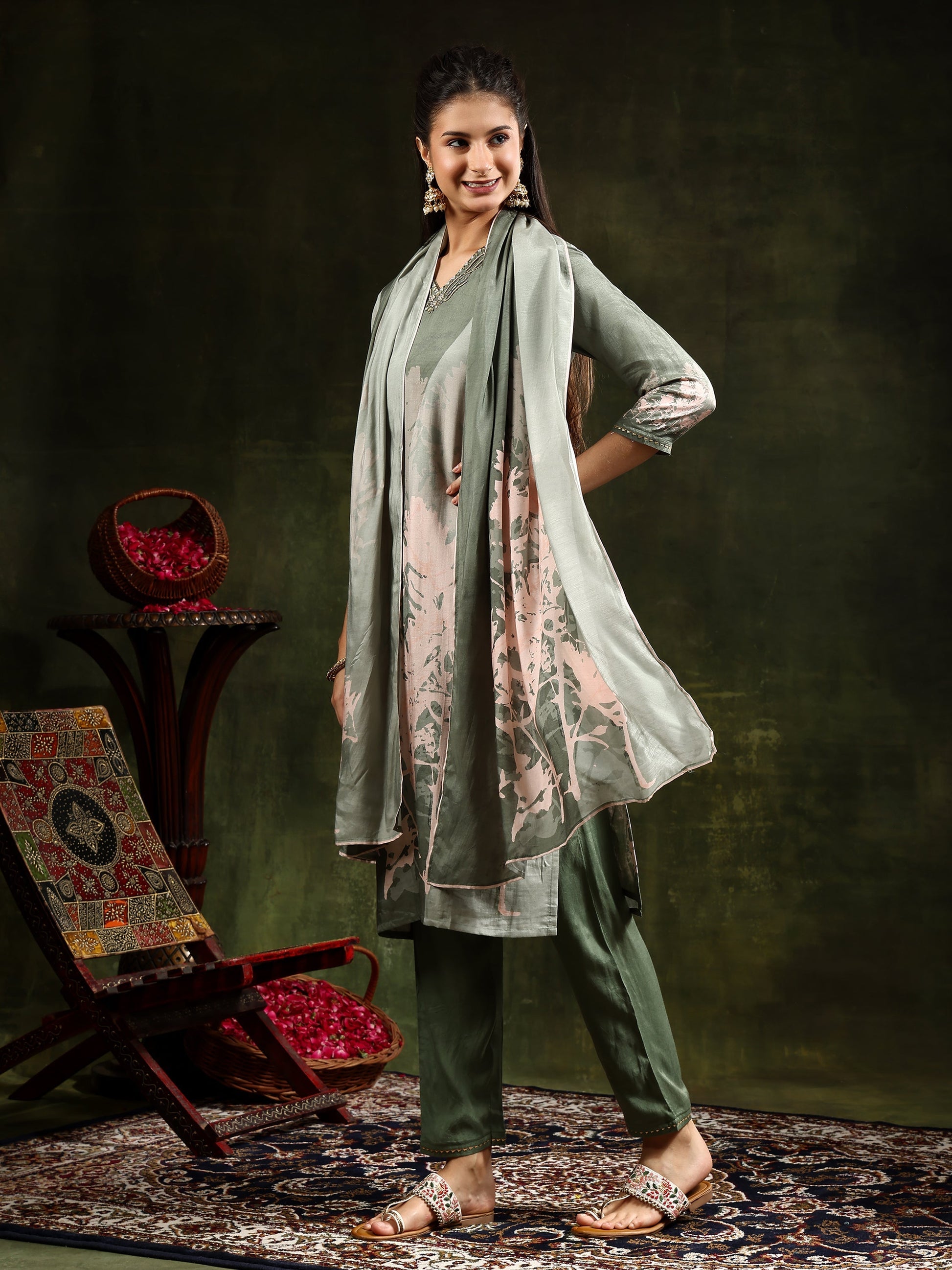 Hand Embroidered & Digital Printed Muslin Kurta With Pant & Printed Dupatta, Green - Hiral Fashion