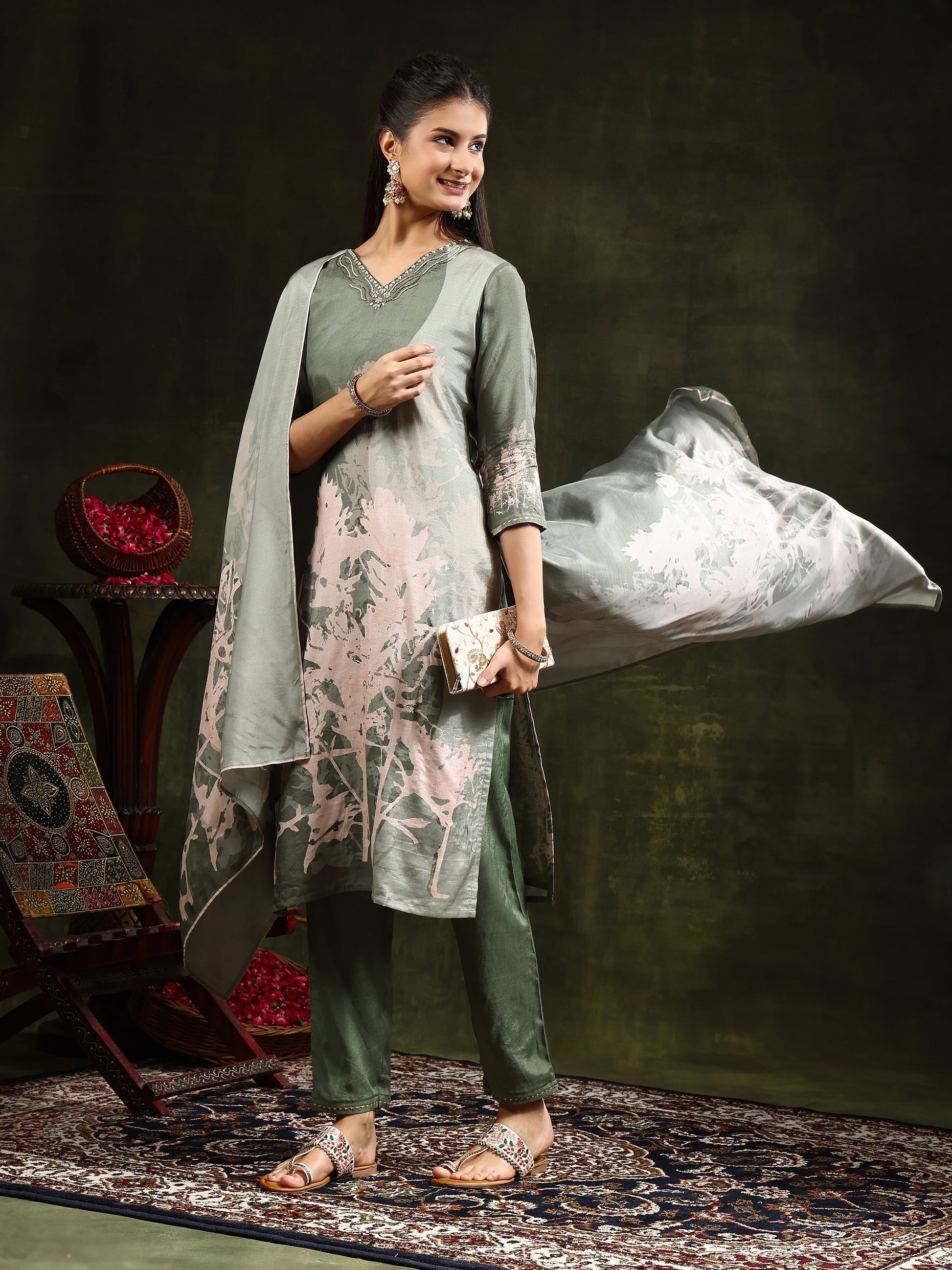 Hand Embroidered & Digital Printed Muslin Kurta With Pant & Printed Dupatta, Green - Hiral Fashion