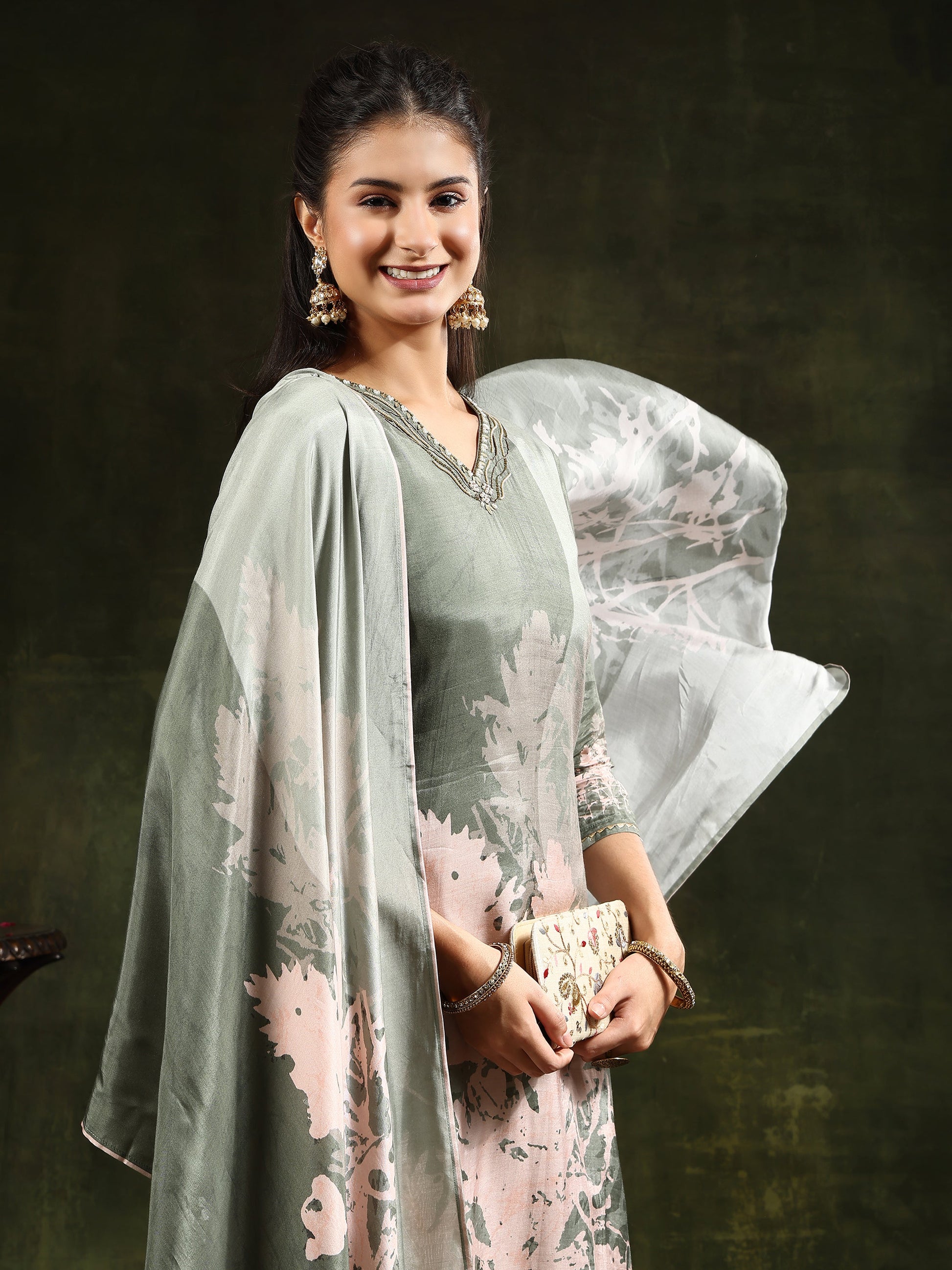 Hand Embroidered & Digital Printed Muslin Kurta With Pant & Printed Dupatta, Green - Hiral Fashion