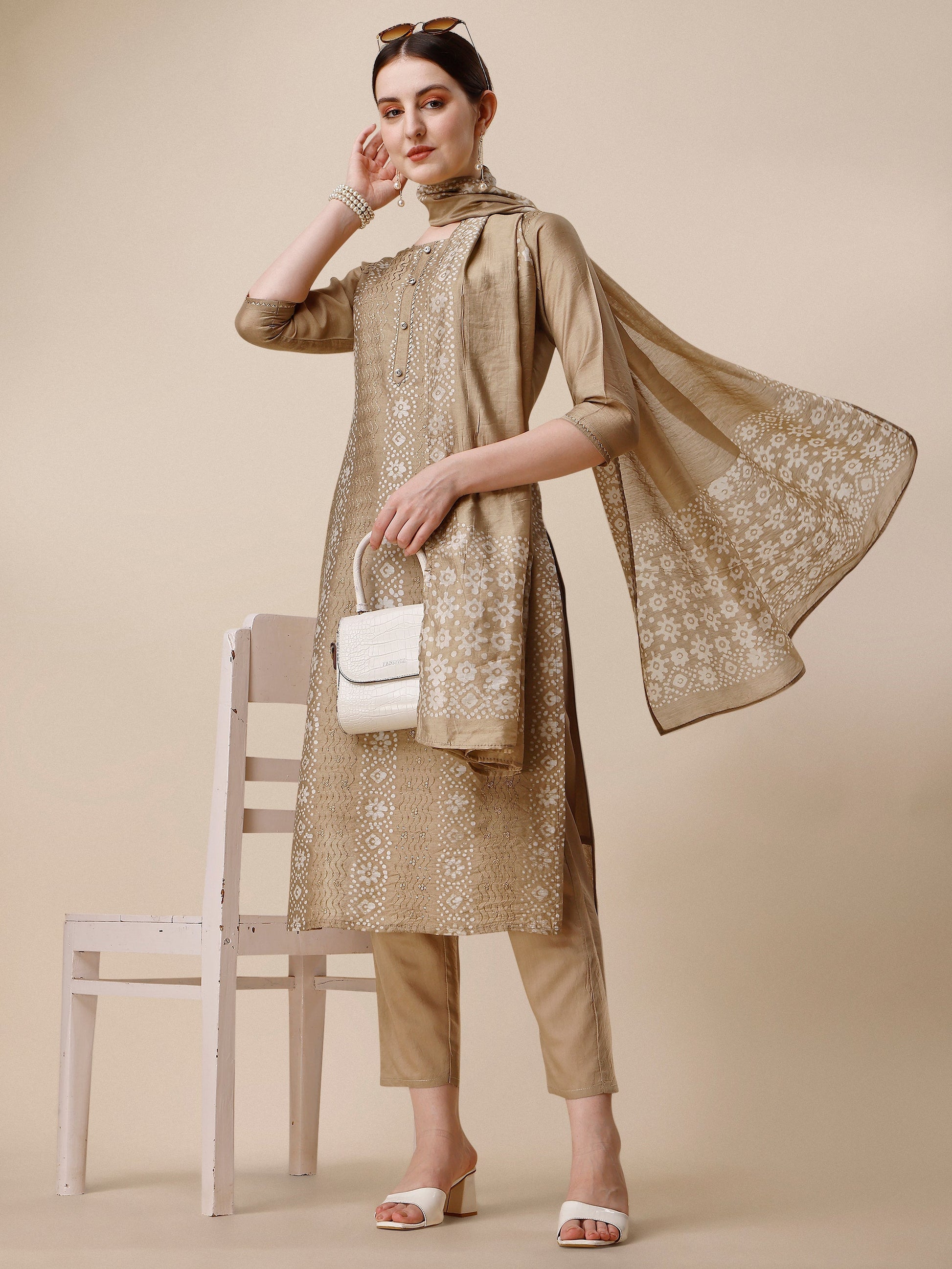Embroidered & Printed Kurta With Pant And Dupatta Set, Multicolor - Hiral Fashion