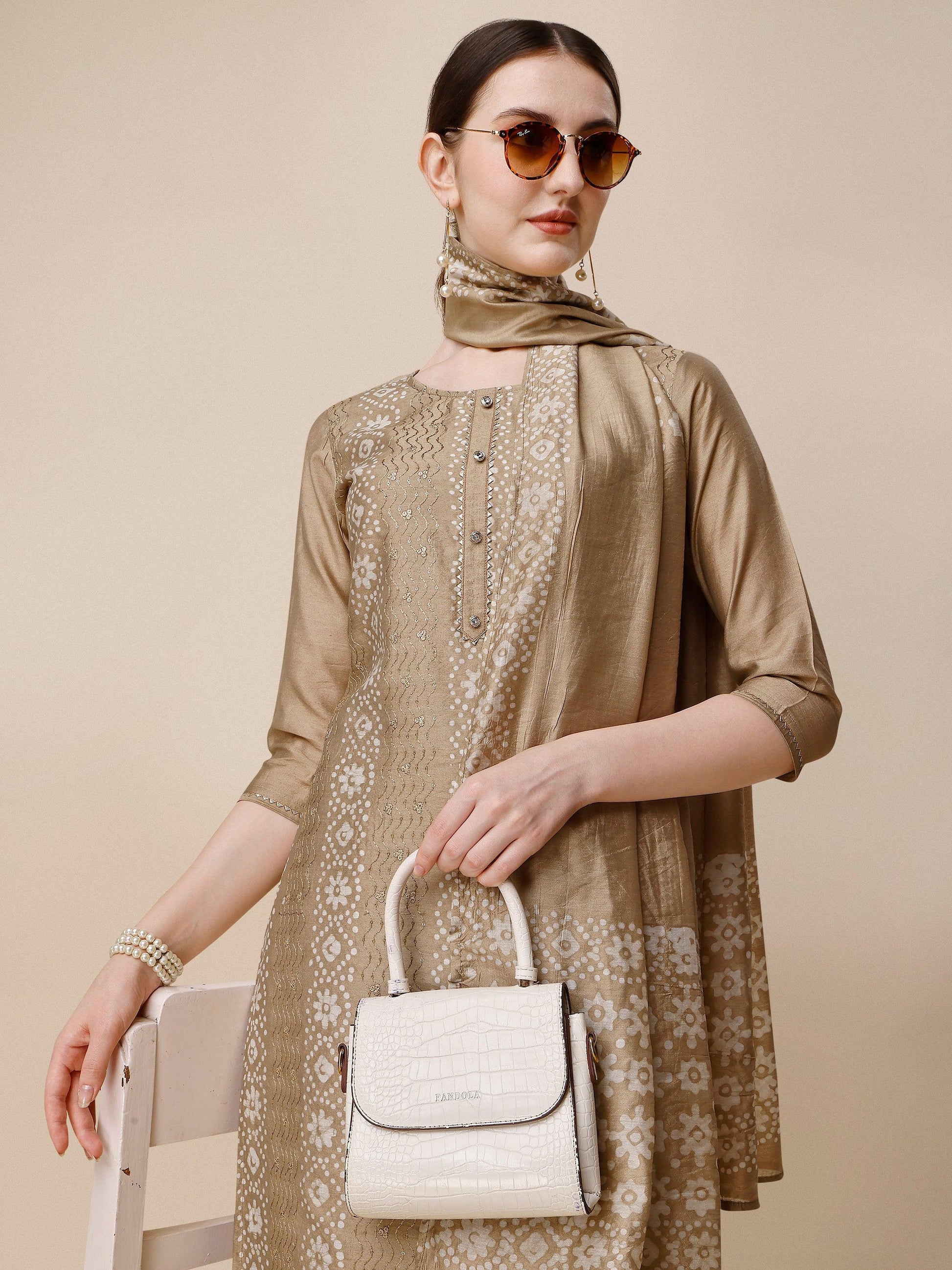 Embroidered & Printed Kurta With Pant And Dupatta Set, Multicolor - Hiral Fashion