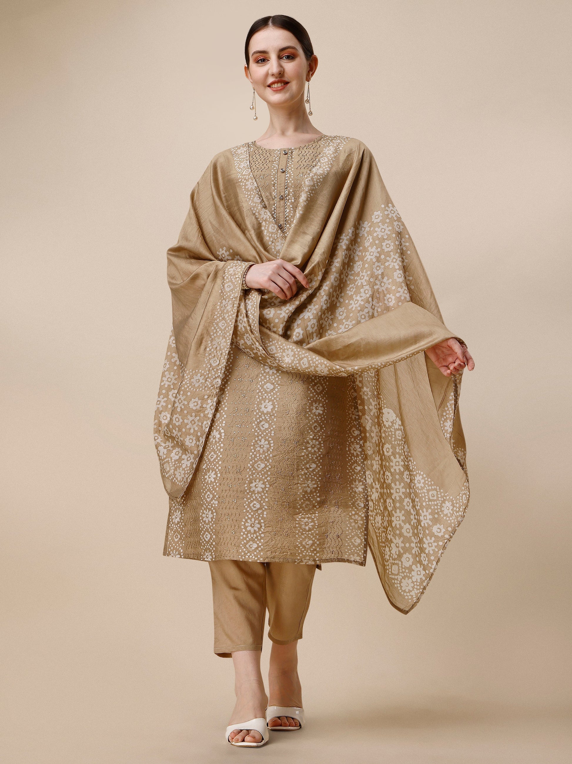 Embroidered & Printed Kurta With Pant And Dupatta Set, Multicolor - Hiral Fashion