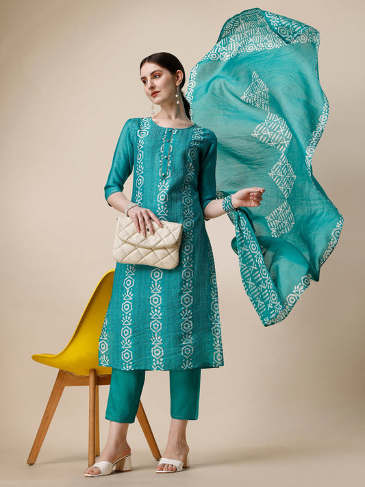 Embroidered Kurta With Pant And Dupatta Set, Multicolor - Hiral Fashion