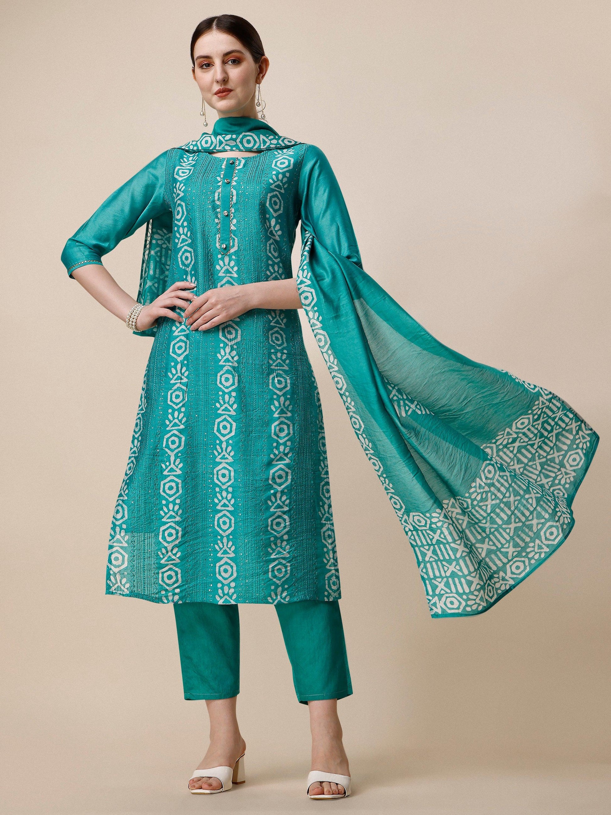 Embroidered Kurta With Pant And Dupatta Set, Multicolor - Hiral Fashion