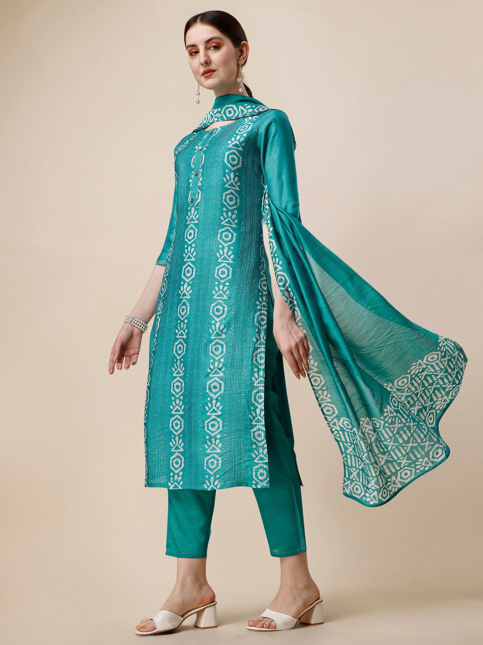 Embroidered Kurta With Pant And Dupatta Set, Multicolor - Hiral Fashion