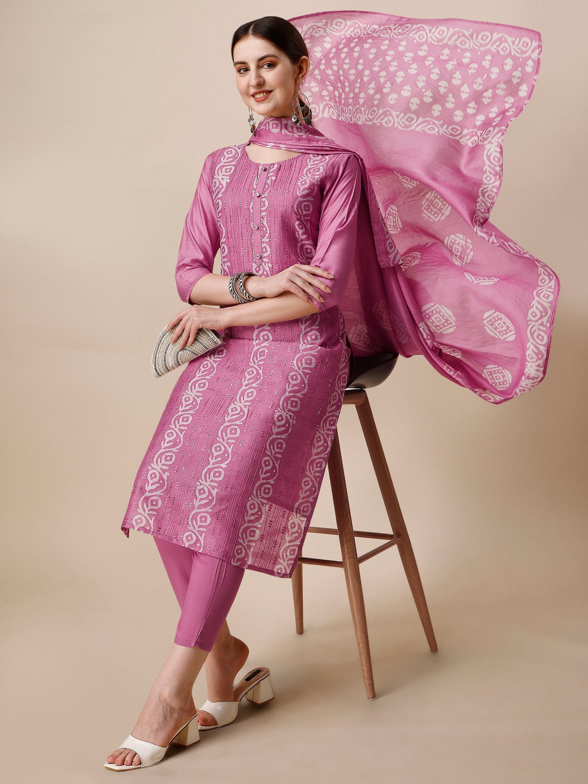 Embroidered & Printed Kurta With Pant And Dupatta Set, Multicolor - Hiral Fashion