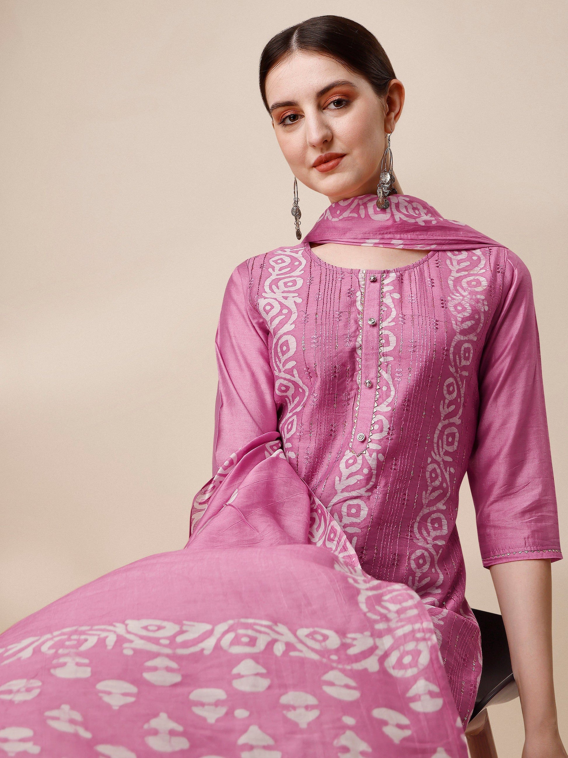 Embroidered & Printed Kurta With Pant And Dupatta Set, Multicolor - Hiral Fashion