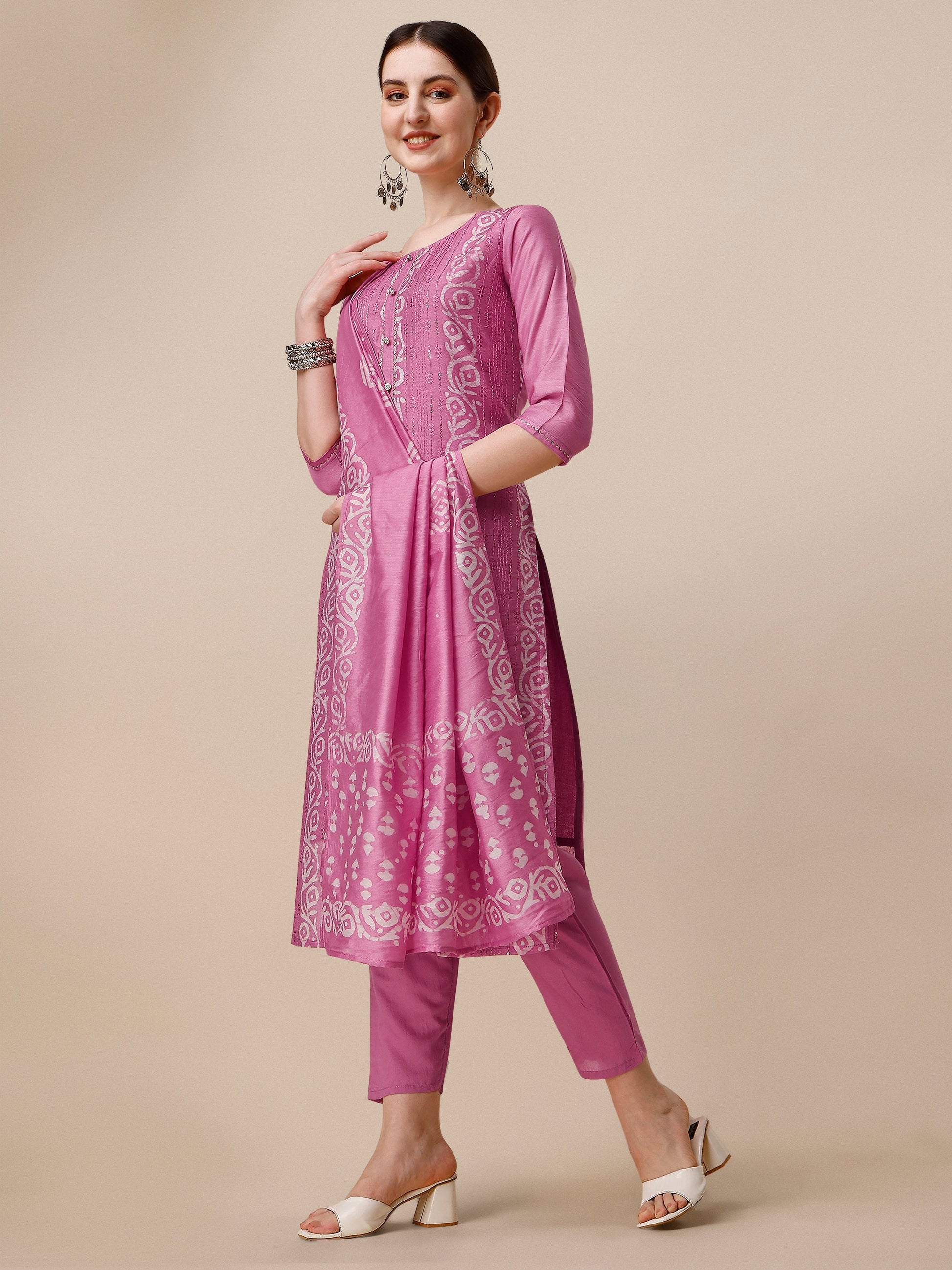 Embroidered & Printed Kurta With Pant And Dupatta Set, Multicolor - Hiral Fashion