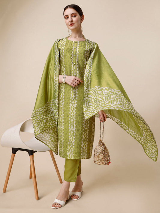 Printed & Embroidered Kurta With Pant & Printed Dupatta Set, Multicolor - Hiral Fashion