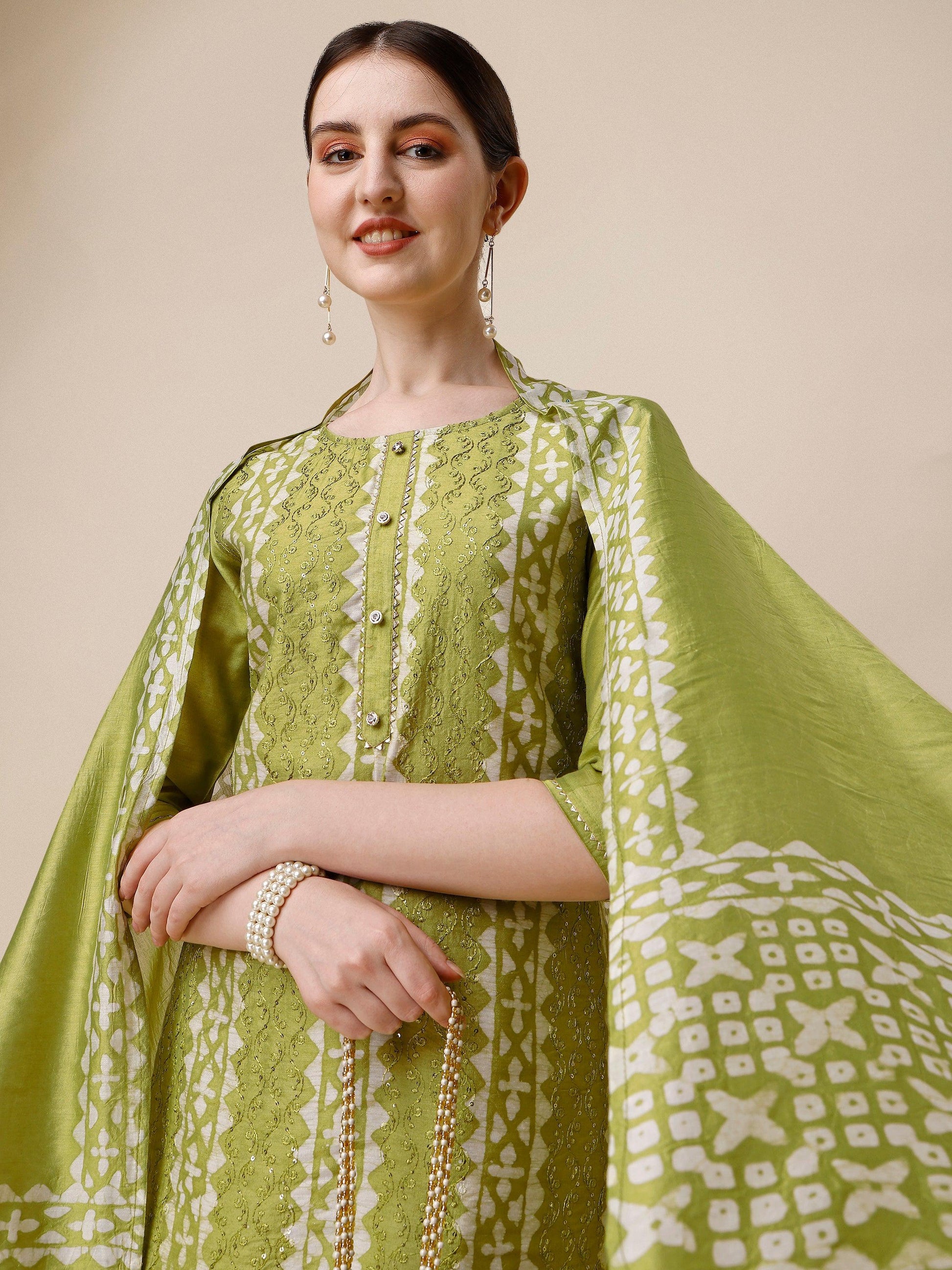Printed & Embroidered Kurta With Pant & Printed Dupatta Set, Multicolor - Hiral Fashion