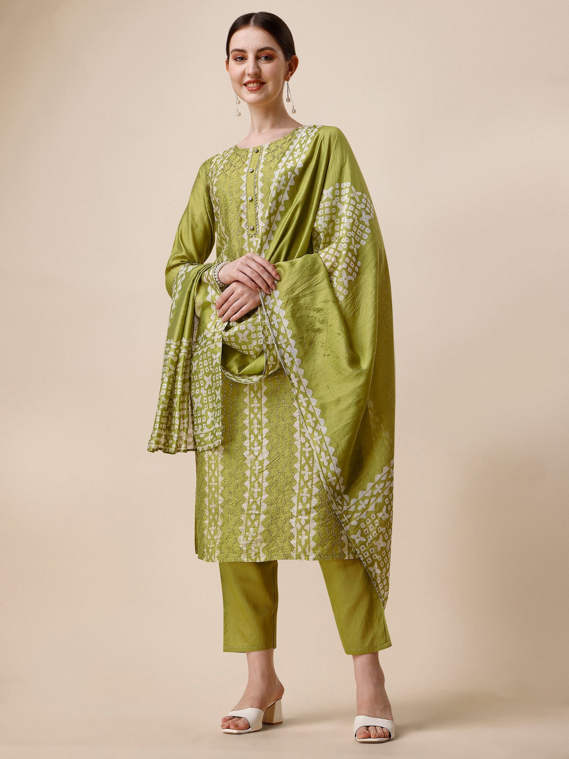 Printed & Embroidered Kurta With Pant & Printed Dupatta Set, Multicolor - Hiral Fashion