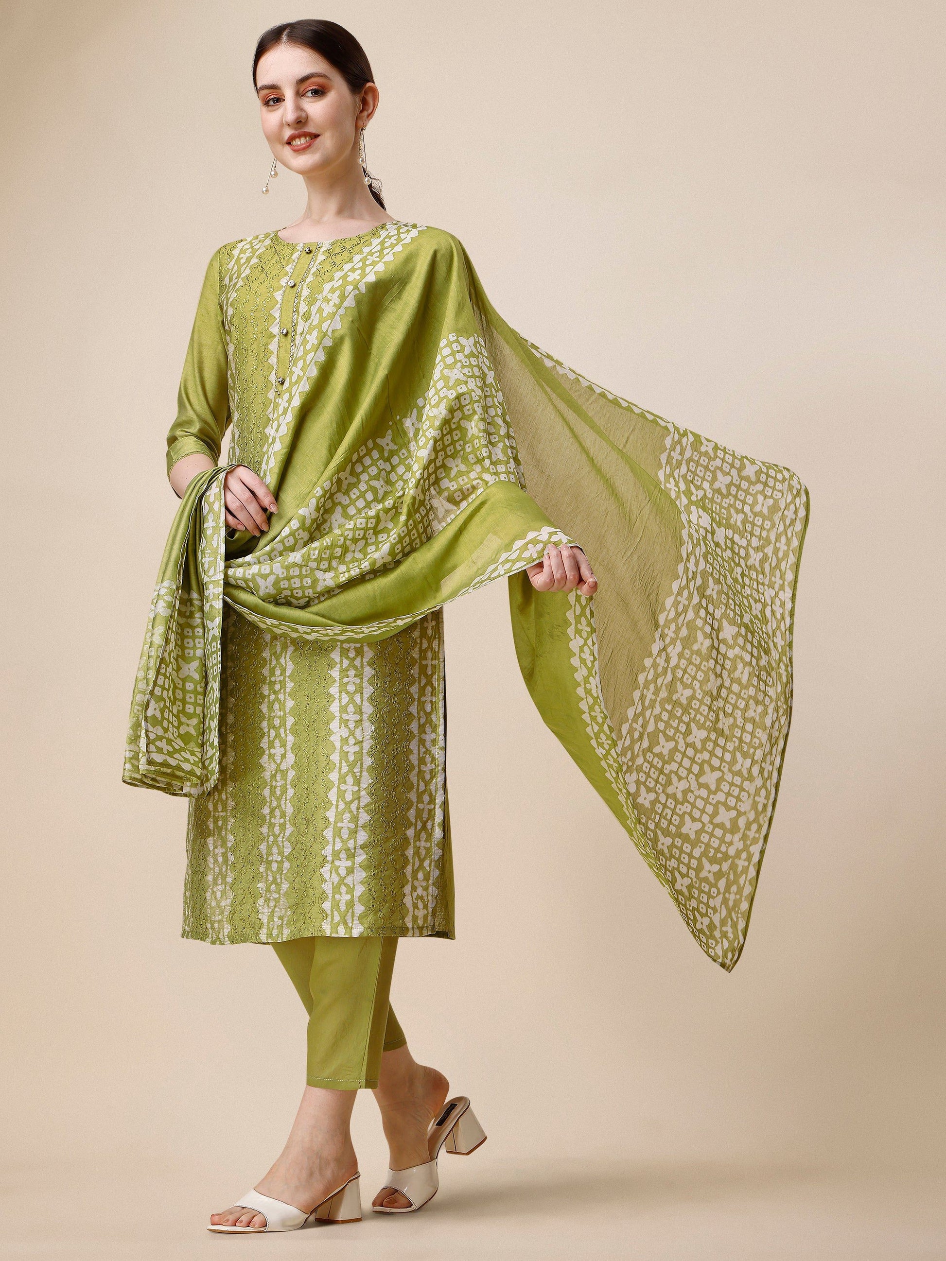 Printed & Embroidered Kurta With Pant & Printed Dupatta Set, Multicolor - Hiral Fashion
