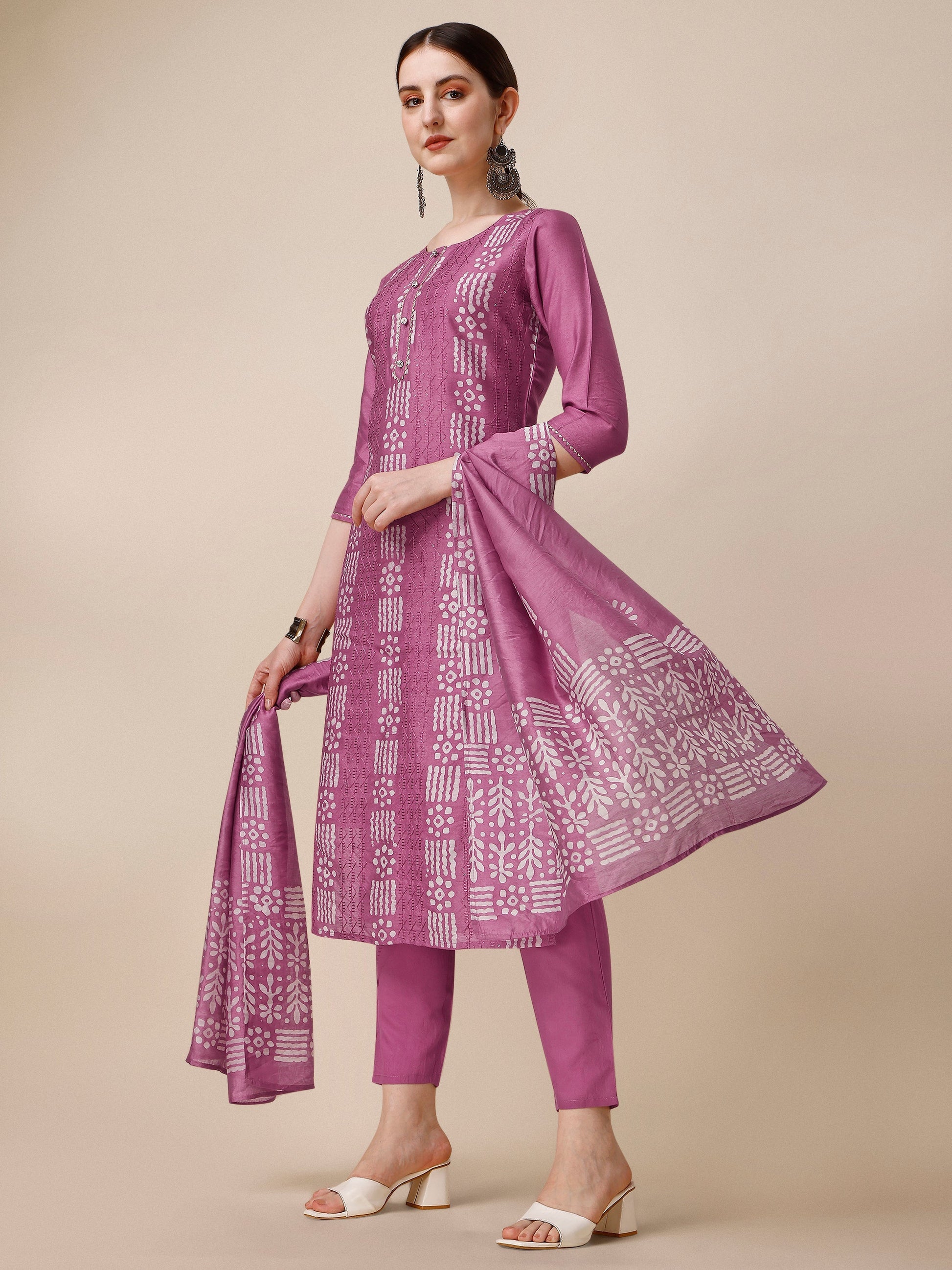 Chanderi Bandhni Printed Kurta With Pant & Dupatta Set, Multicolor - Hiral Fashion