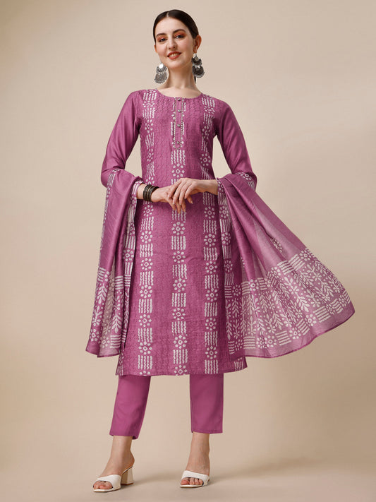 Chanderi Bandhni Printed Kurta With Pant & Dupatta Set, Multicolor - Hiral Fashion