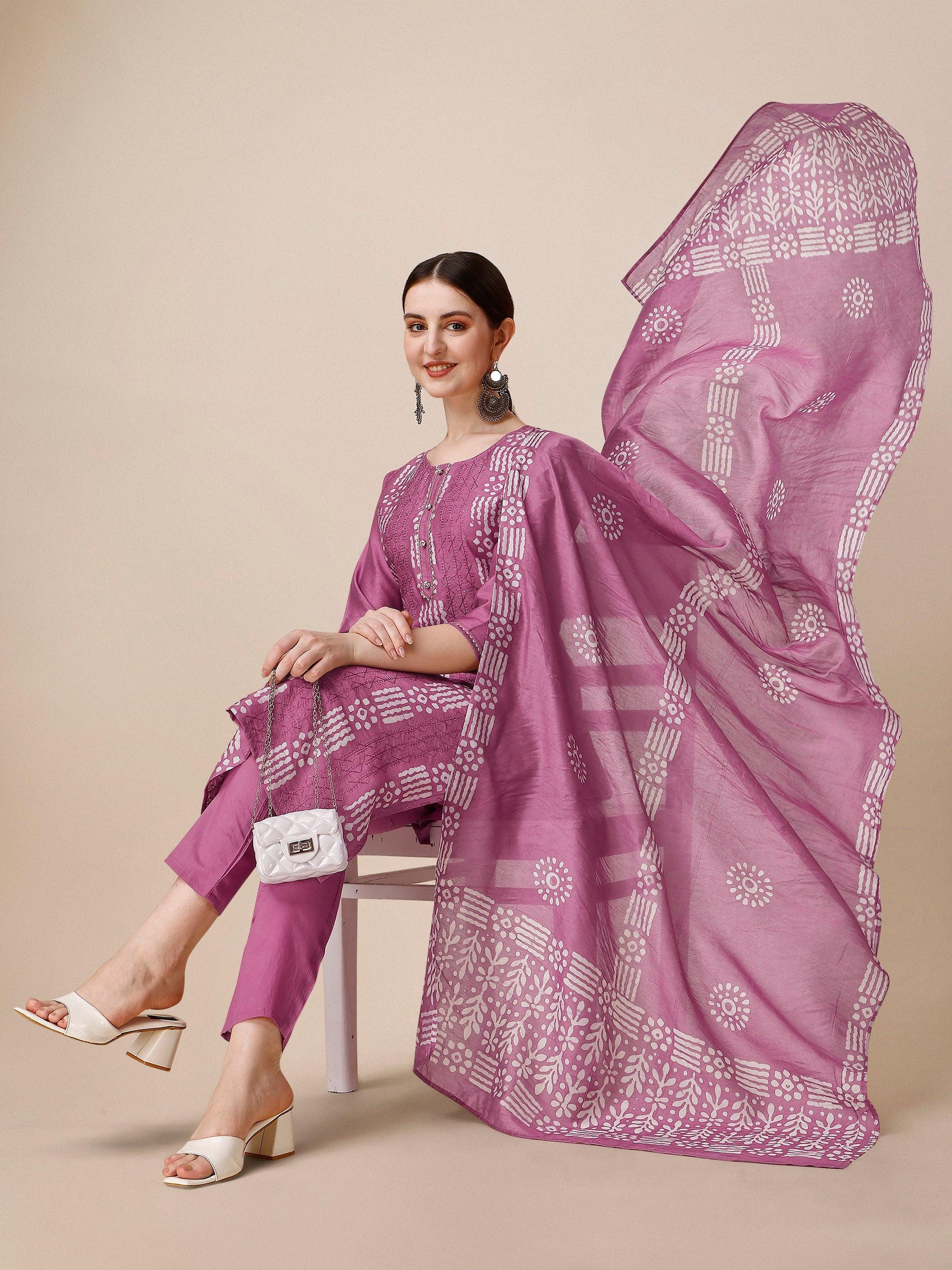 Chanderi Bandhni Printed Kurta With Pant & Dupatta Set, Multicolor - Hiral Fashion