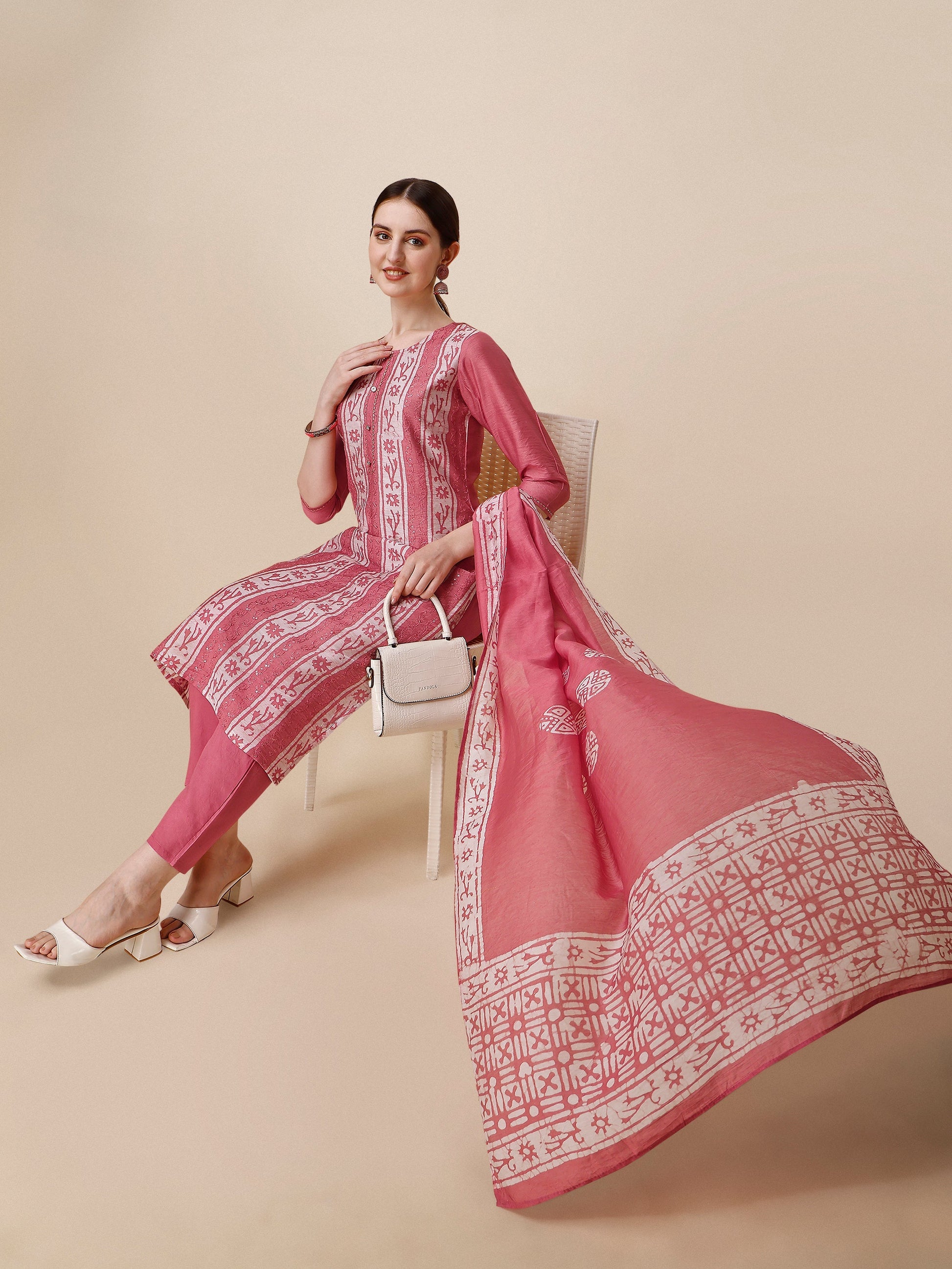 Printed & Embroidered Kurta With Pant & Dupatta Set, Multicolor - Hiral Fashion