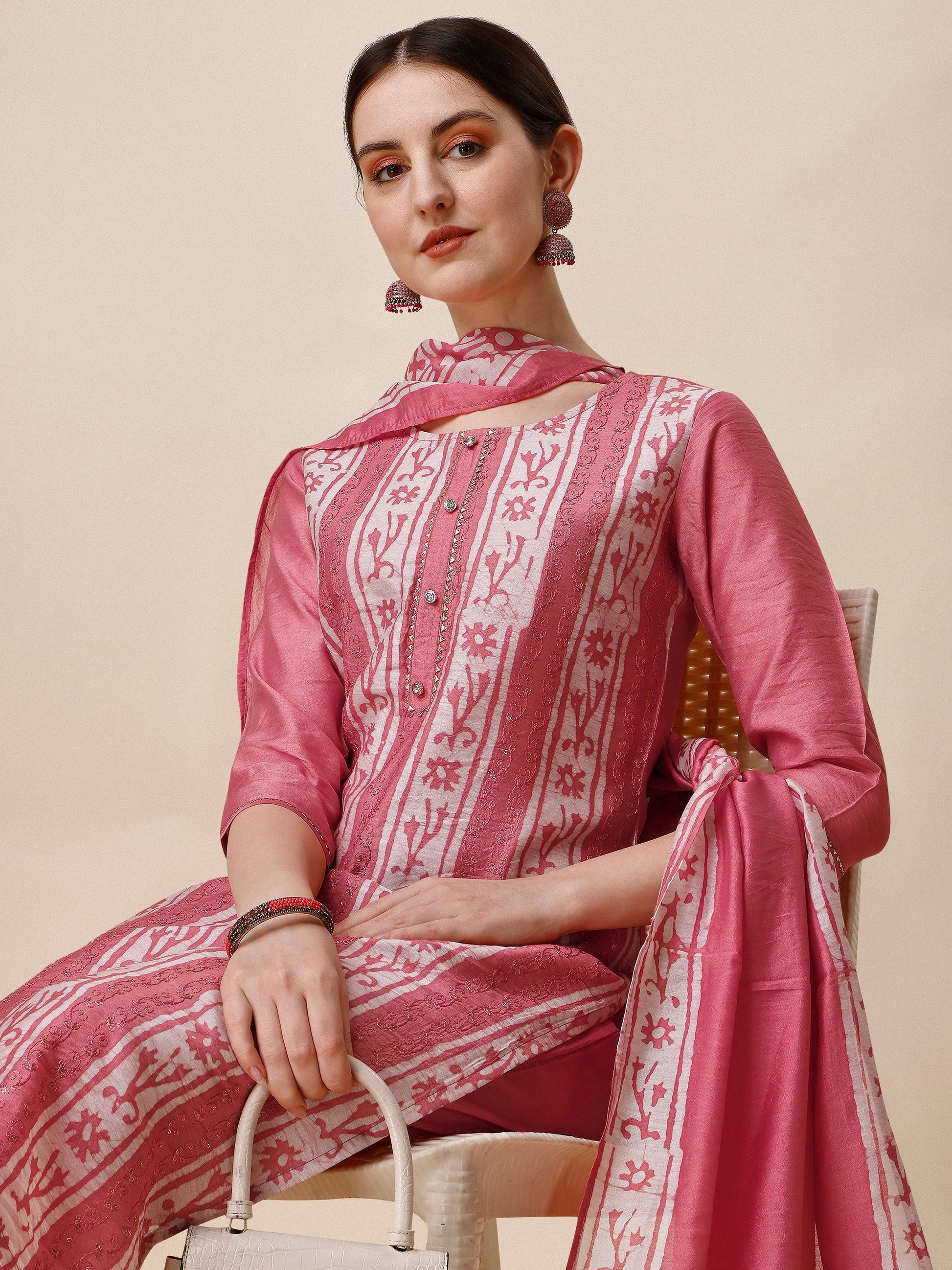 Printed & Embroidered Kurta With Pant & Dupatta Set, Multicolor - Hiral Fashion
