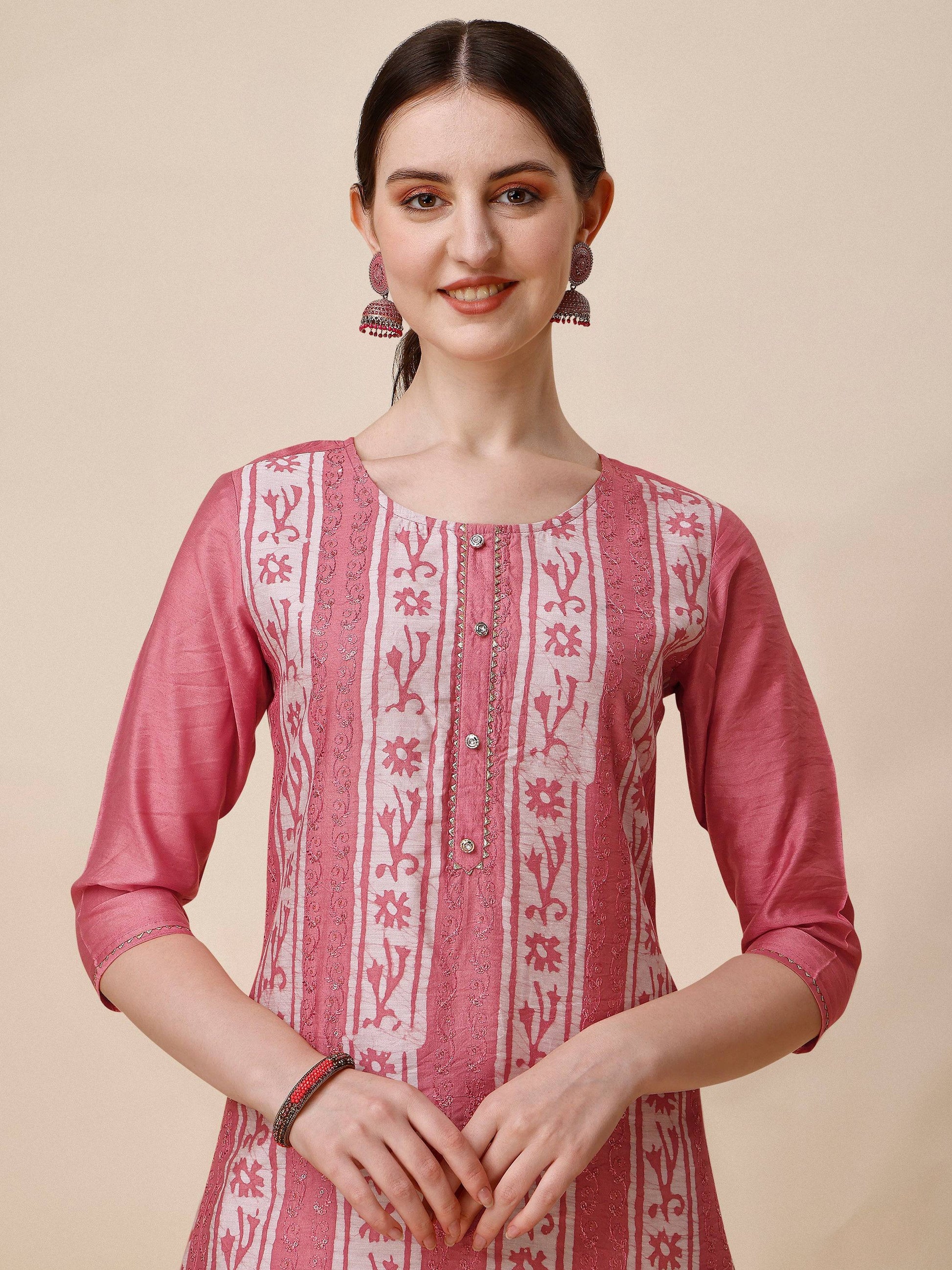 Printed & Embroidered Kurta With Pant & Dupatta Set, Multicolor - Hiral Fashion