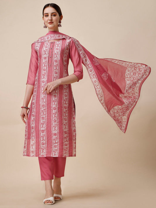 Printed & Embroidered Kurta With Pant & Dupatta Set, Multicolor - Hiral Fashion