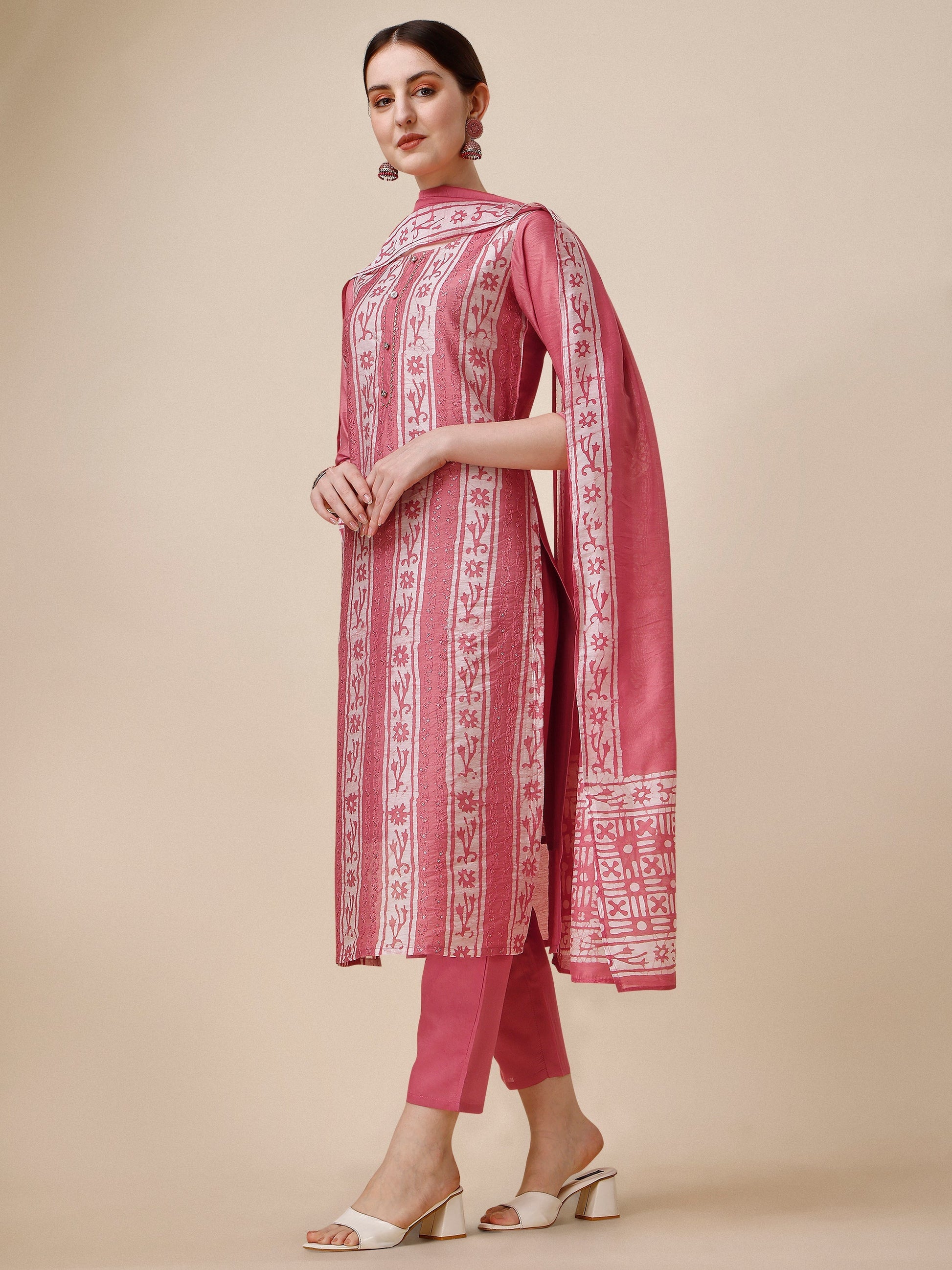 Printed & Embroidered Kurta With Pant & Dupatta Set, Multicolor - Hiral Fashion