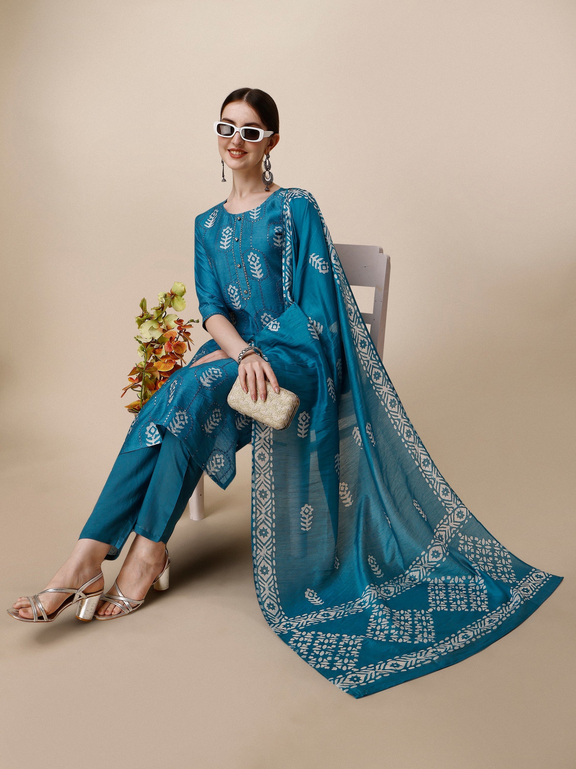 Printed & Embroidered Kurta With Pant & Dupatta Set, Multicolor - Hiral Fashion