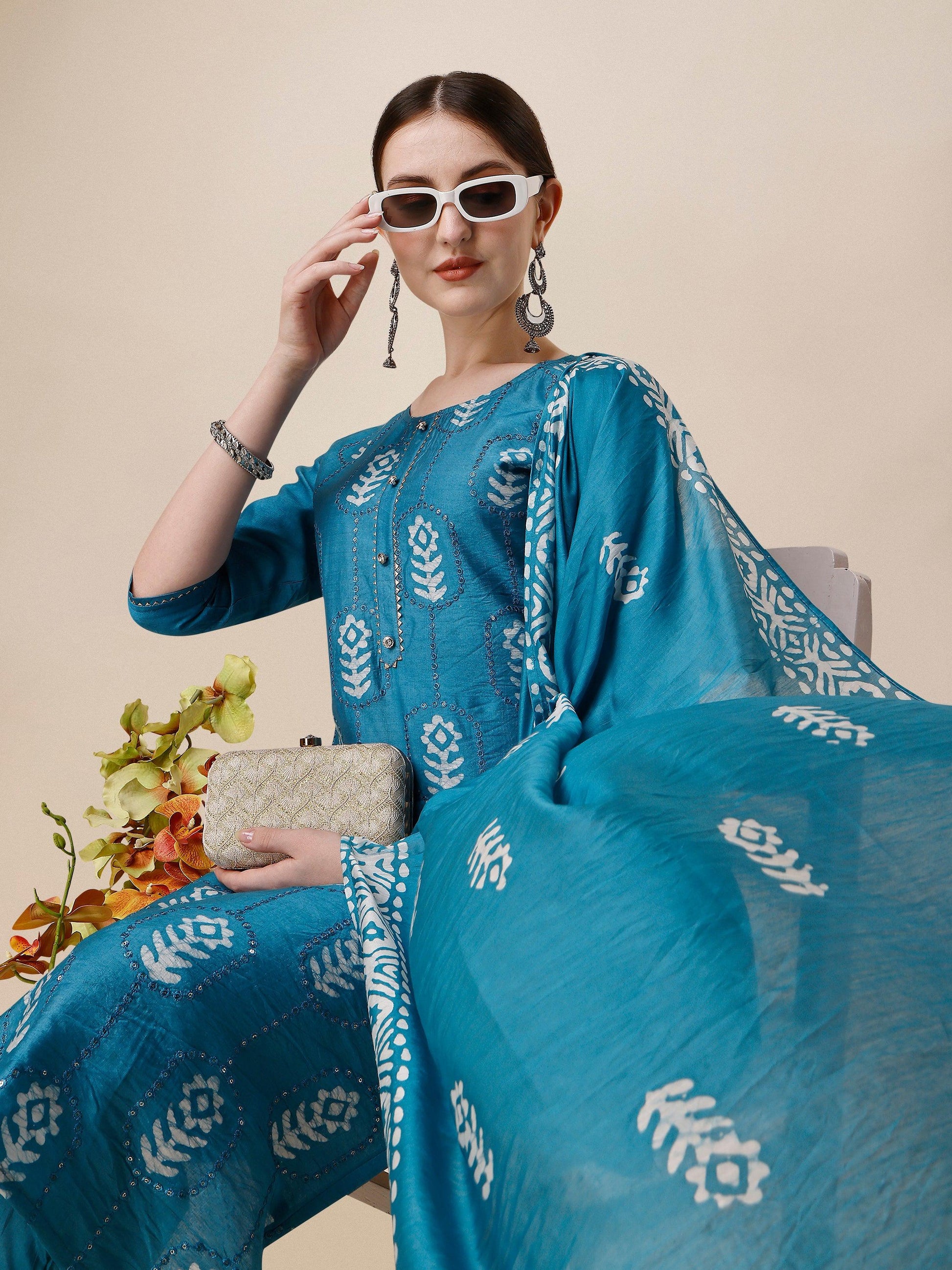 Printed & Embroidered Kurta With Pant & Dupatta Set, Multicolor - Hiral Fashion