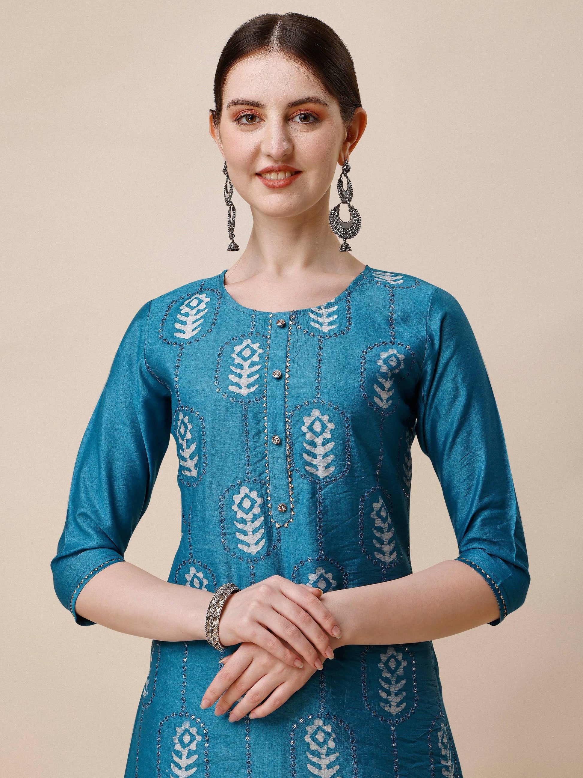 Printed & Embroidered Kurta With Pant & Dupatta Set, Multicolor - Hiral Fashion