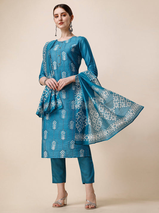 Printed & Embroidered Kurta With Pant & Dupatta Set, Multicolor - Hiral Fashion