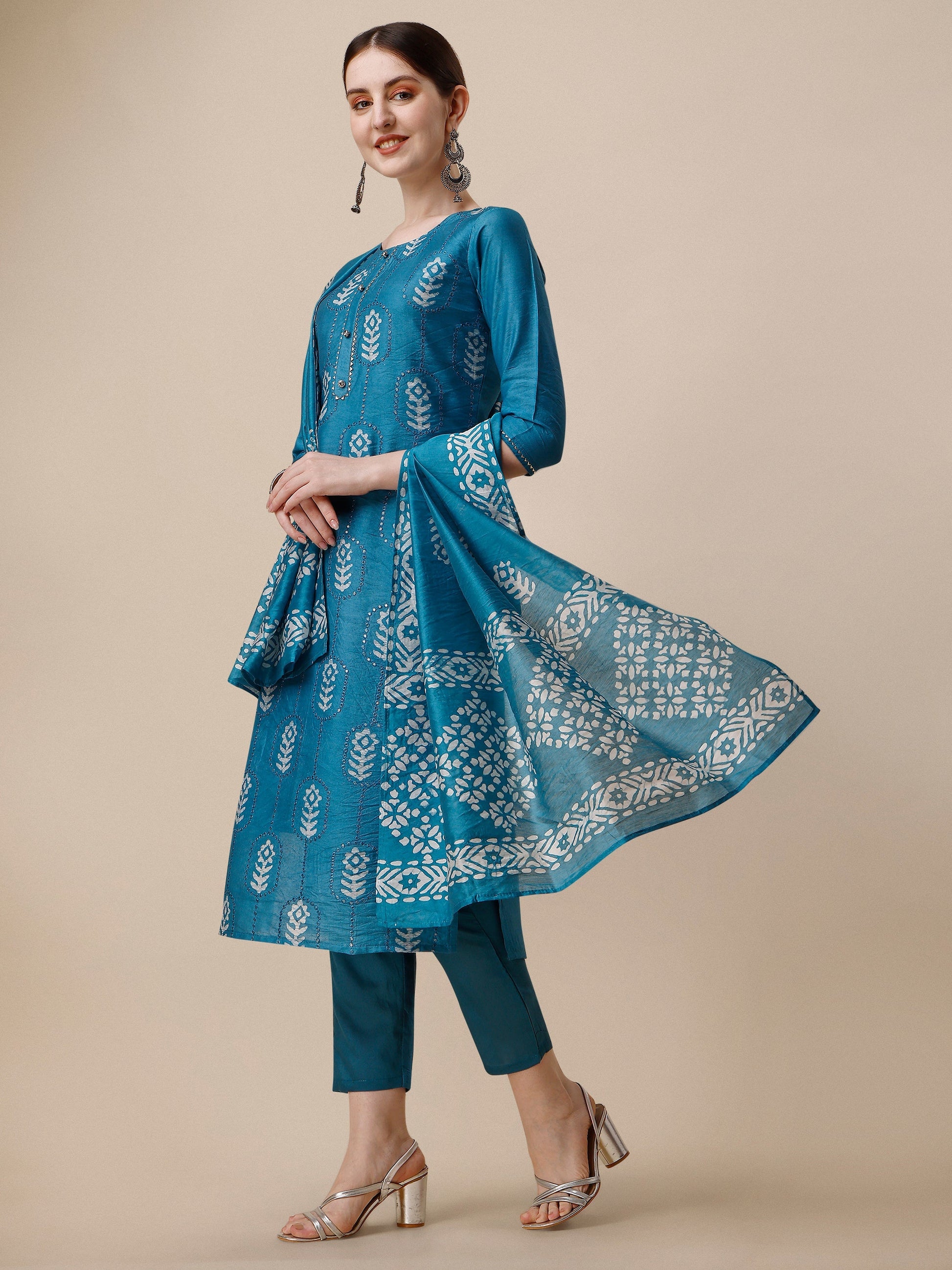 Printed & Embroidered Kurta With Pant & Dupatta Set, Multicolor - Hiral Fashion